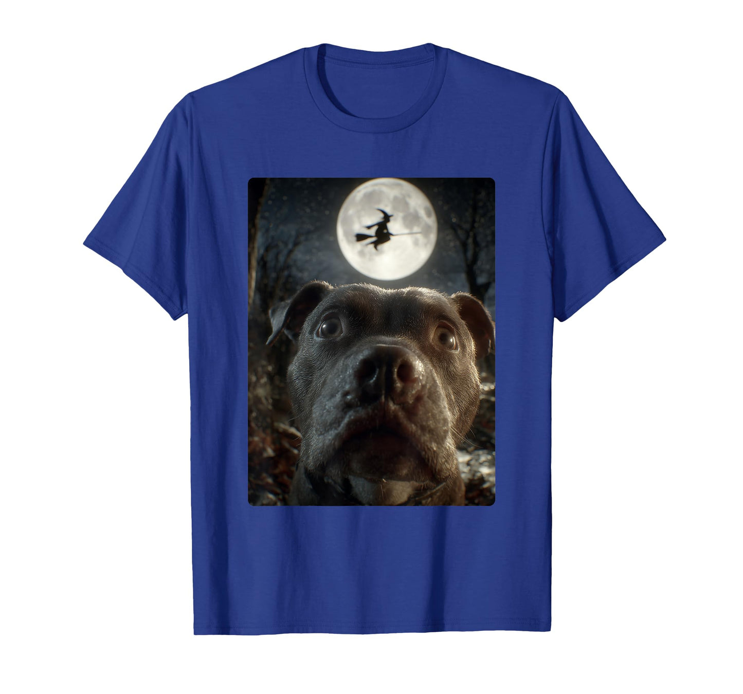 Funny Pit Bull Selfie Full Moon Flying Witch Halloween Dog T-Shirt