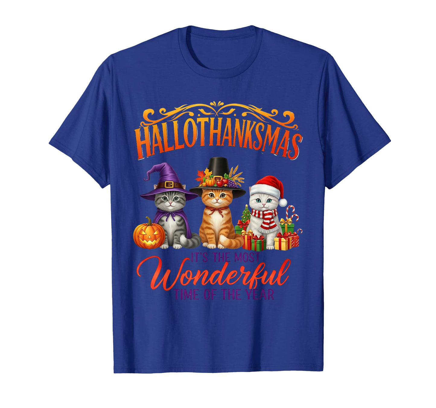 Hallothanksmas Cats Funny Halloween Thanksgiving Xmas Happy T-Shirt