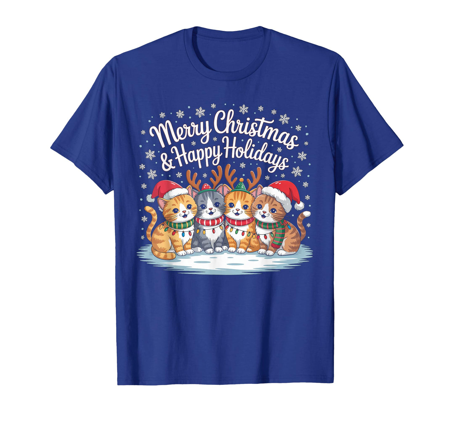 Funny Cat Christmas with Santa Hat and Reindeer Lights Cat T-Shirt