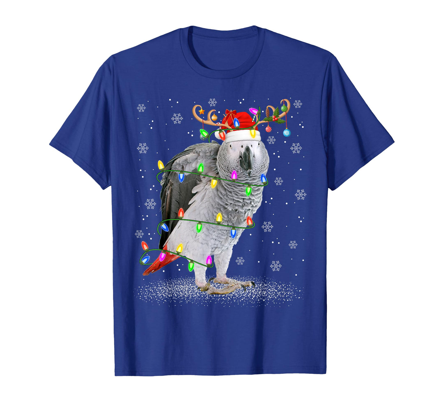 Grey Parrot Bird Christmas Lights Reindeer Santa Hat Xmas T-Shirt