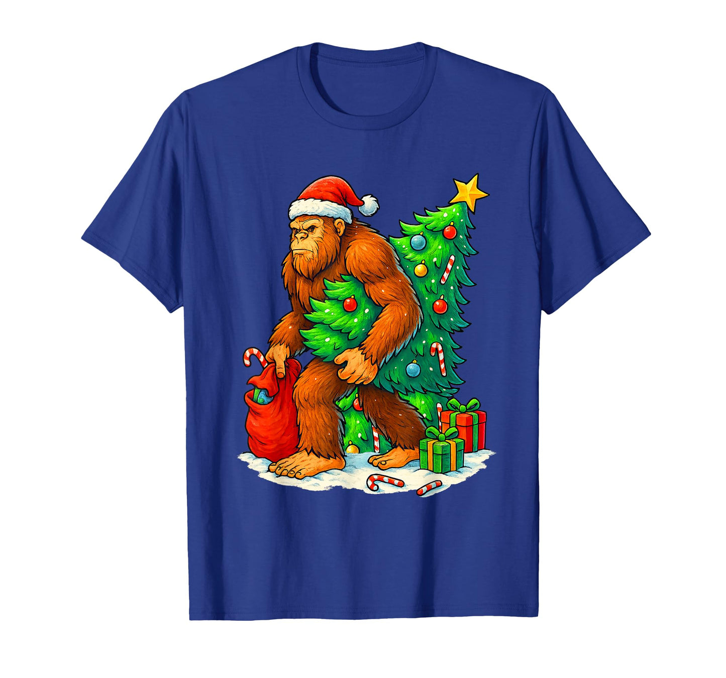 Bigfoot Sasquatch Santa Hat Christmas Tree Xmas Lights T-Shirt
