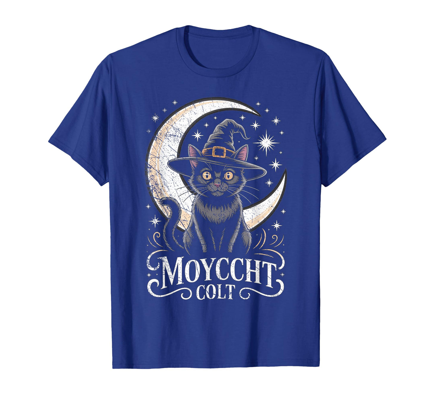 Vintage Scary Halloween Black Cat Costume Witch Hat & Moon T-Shirt