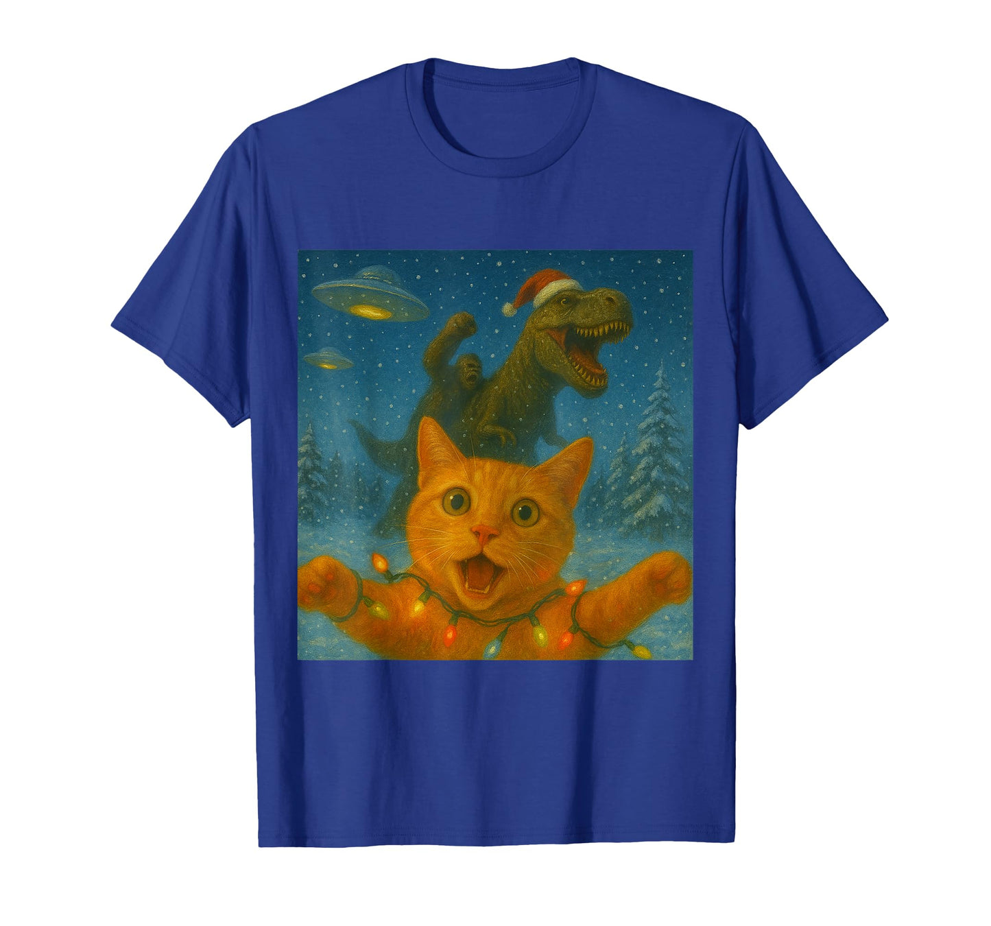 Funny Surprised Scared Cat Selfie T-Rex Dinosaur Bigfoot UFO T-Shirt