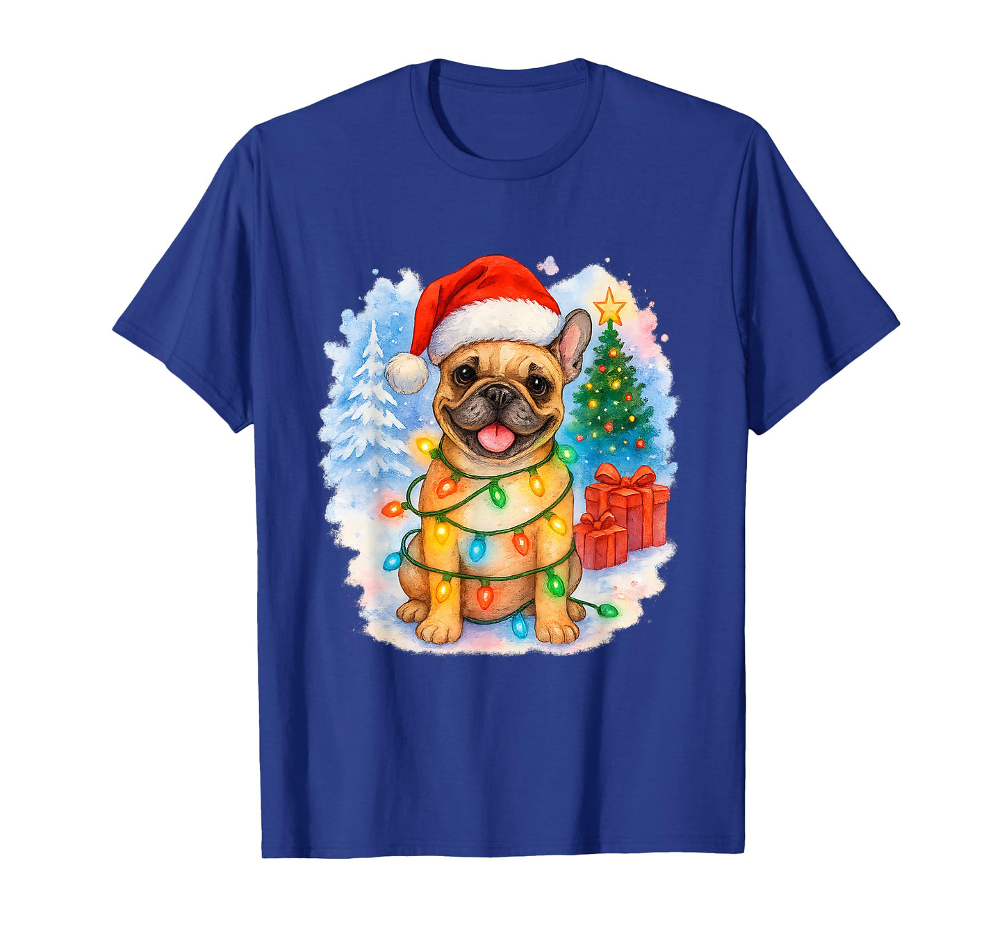 Festive French Bulldog Santa Hat Christmas Tree Lights T-Shirt