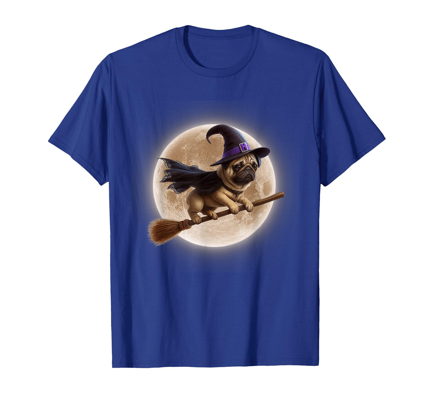 Funny Dog Pug Witch Broom Ride Full Moon Halloween T-Shirt