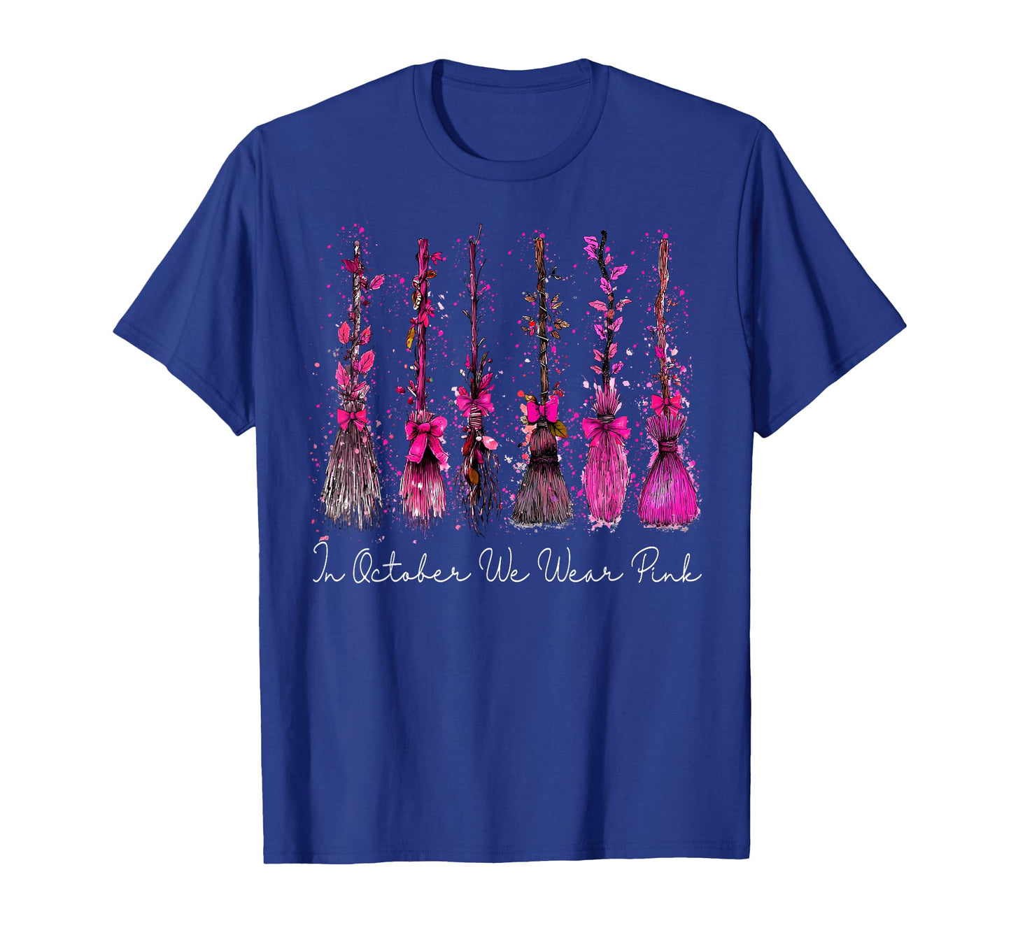 in October We Wear Pink Broom Witch Breast Cancer Halloween T-Shirt