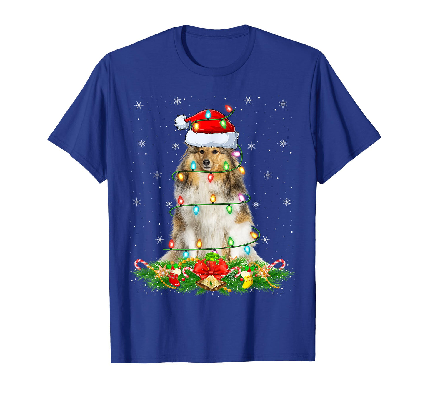 Shetland Sheepdog Christmas Lights Funny Santa Hat Xmas T-Shirt