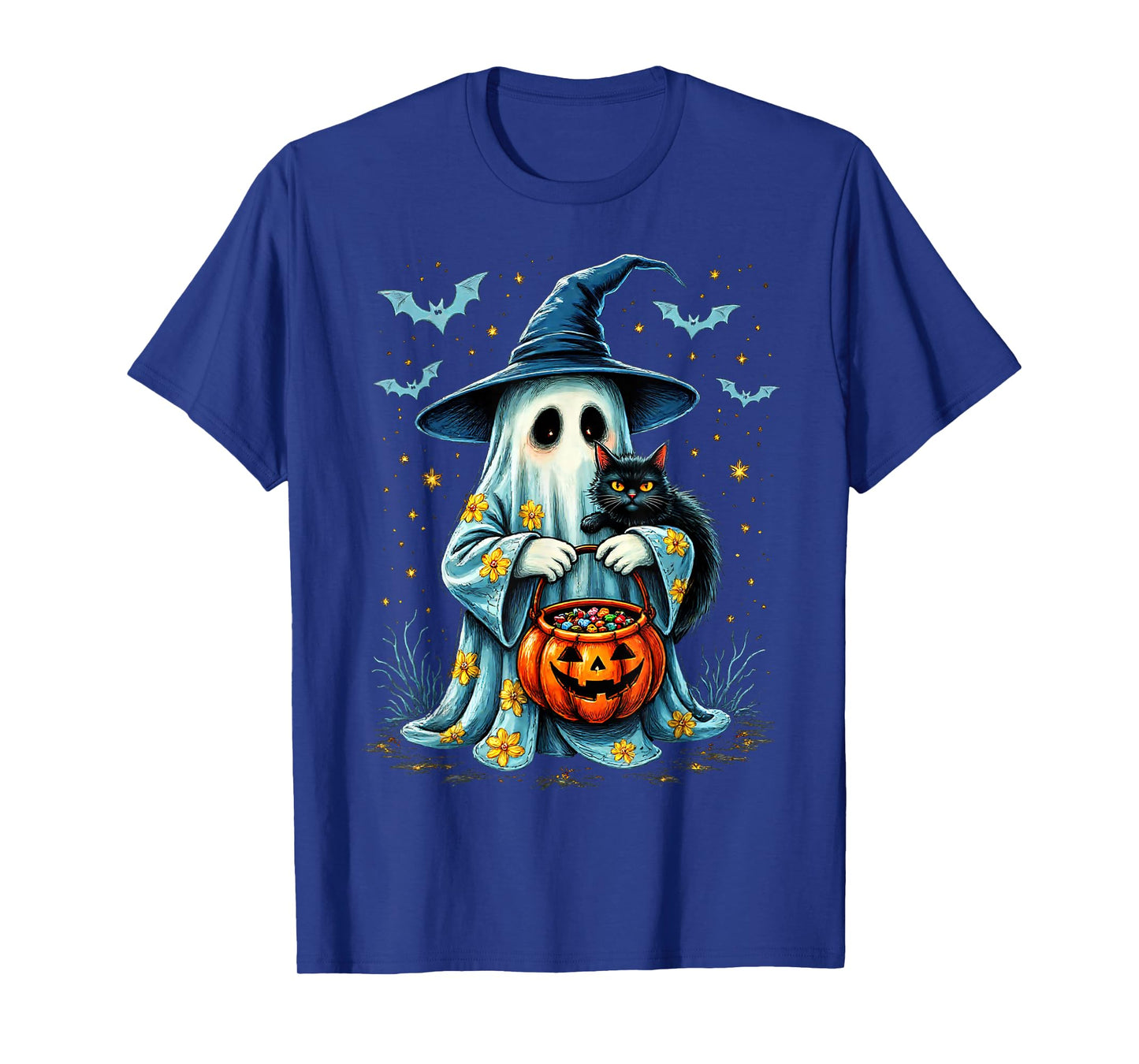 Ghost Holding Black Cat Lover Halloween 2025 Groovy Floral T-Shirt
