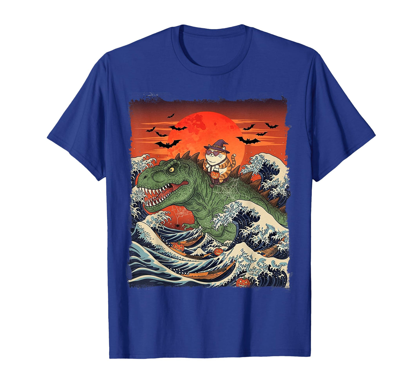Funny Halloween Cat Witch Riding Dinosaur T-Rex Ukiyo-e Wave T-Shirt