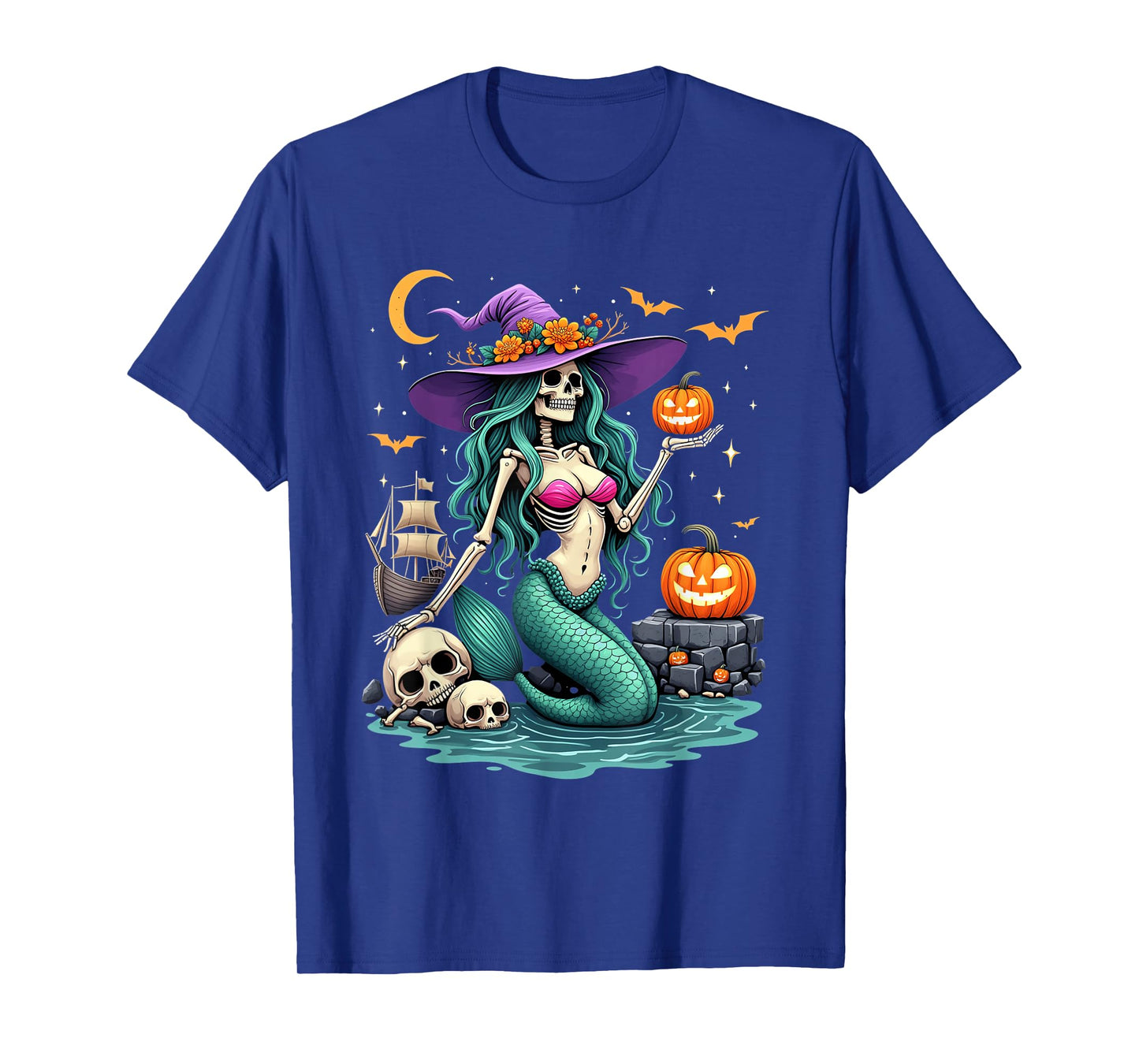 Skeleton Mermaid Witch Hat Pumpkins Ship Halloween Night T-Shirt