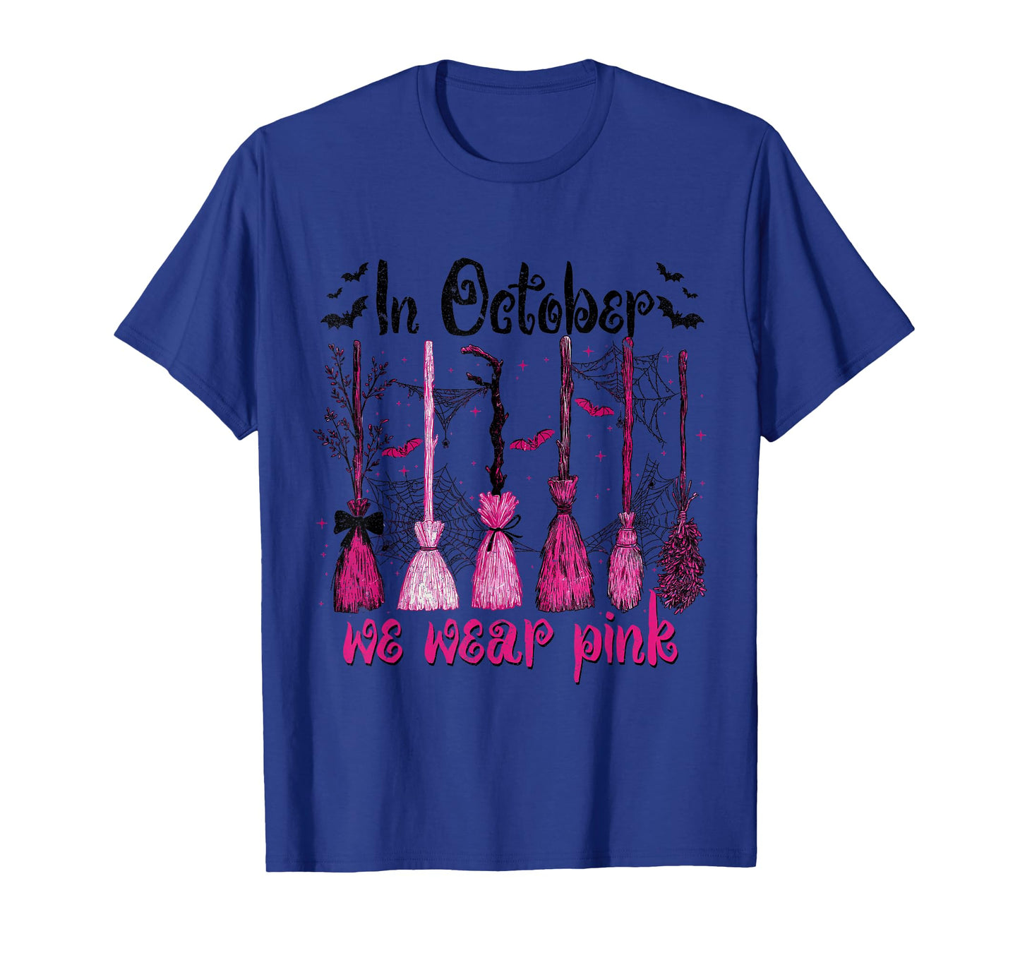 in October We Wear Pink Witches Brooms Spooky Breast Cancer T-Shirt
