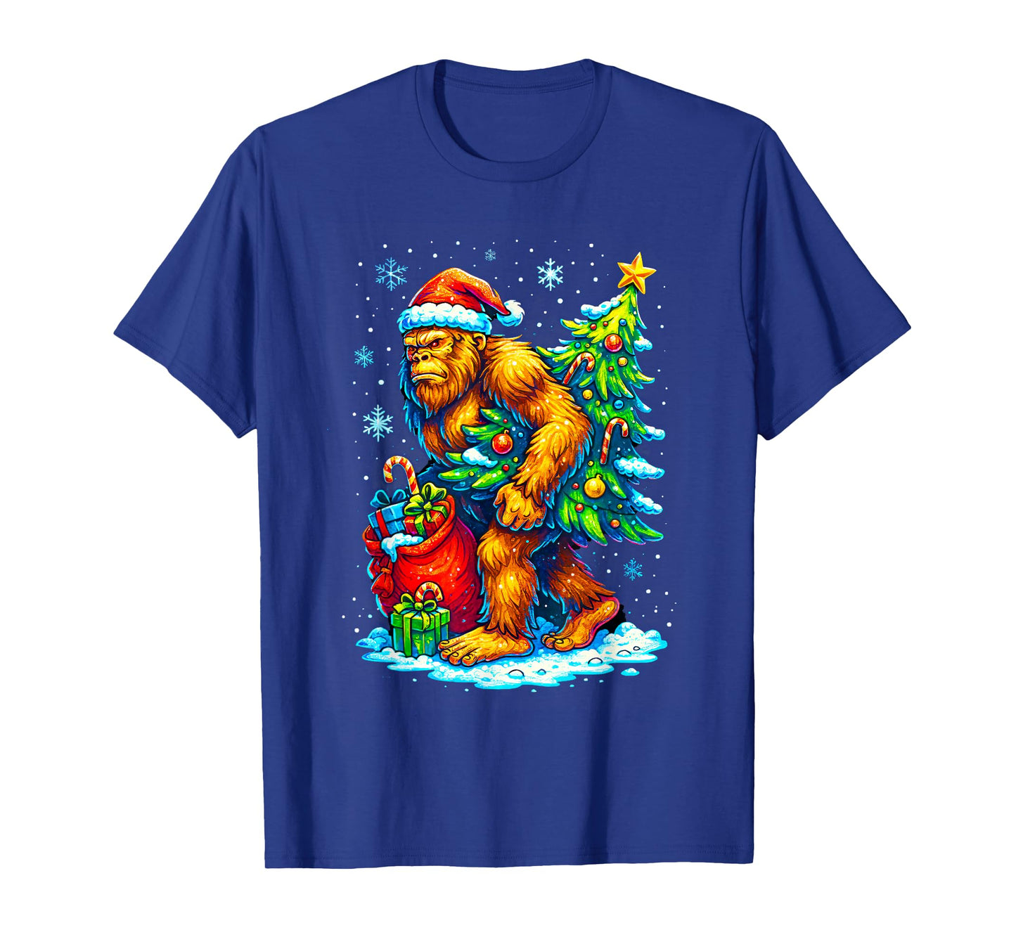 Bigfoot Christmas Tree Santa Hat Funny Sasquatch Xmas Lights T-Shirt