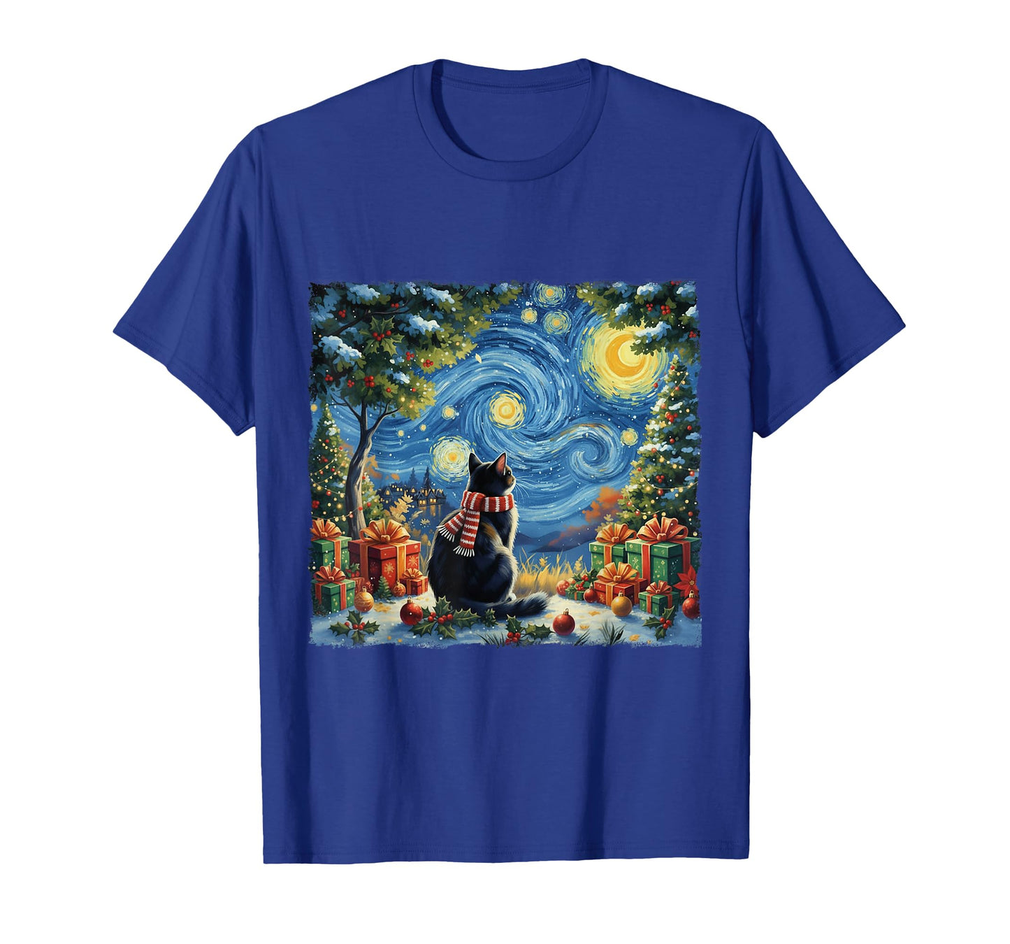 Christmas Cat Starry Night Van Gogh Xmas Holiday Santa Gifts T-Shirt