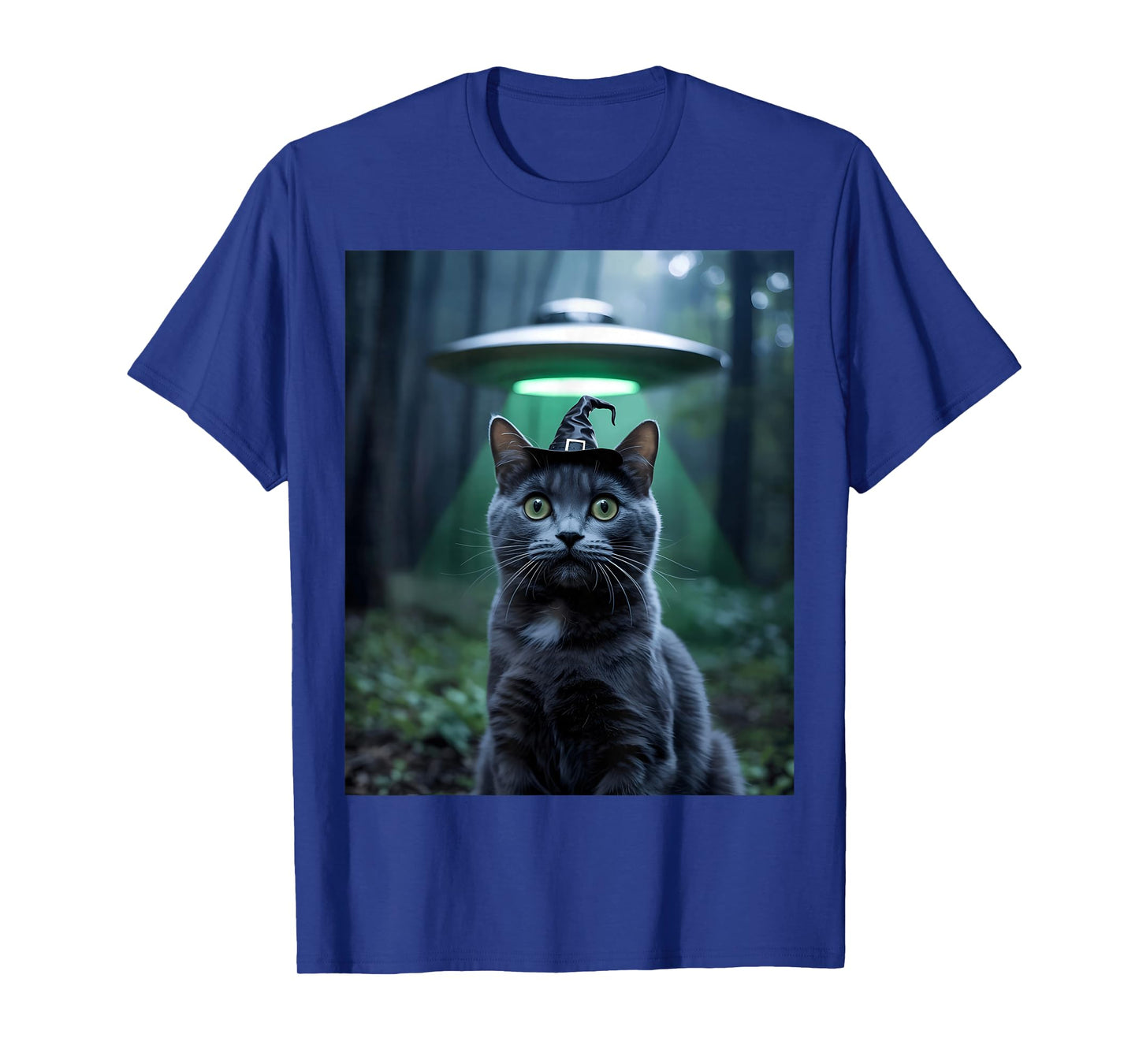 Cat with Witch Hat and UFO in Forest T-Shirt