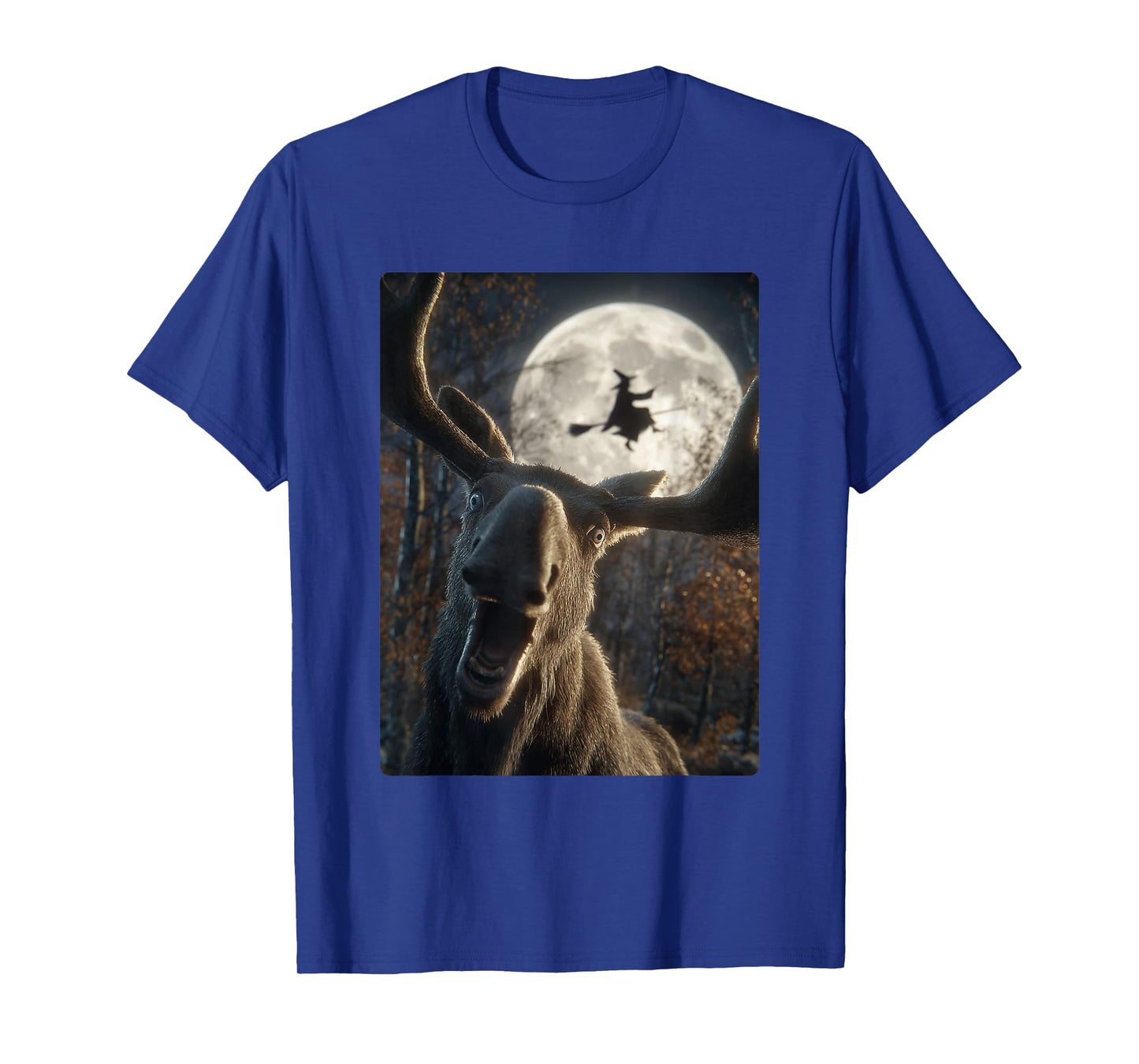 Funny Moose Selfie Full Moon Flying Witch Forest Halloween T-Shirt