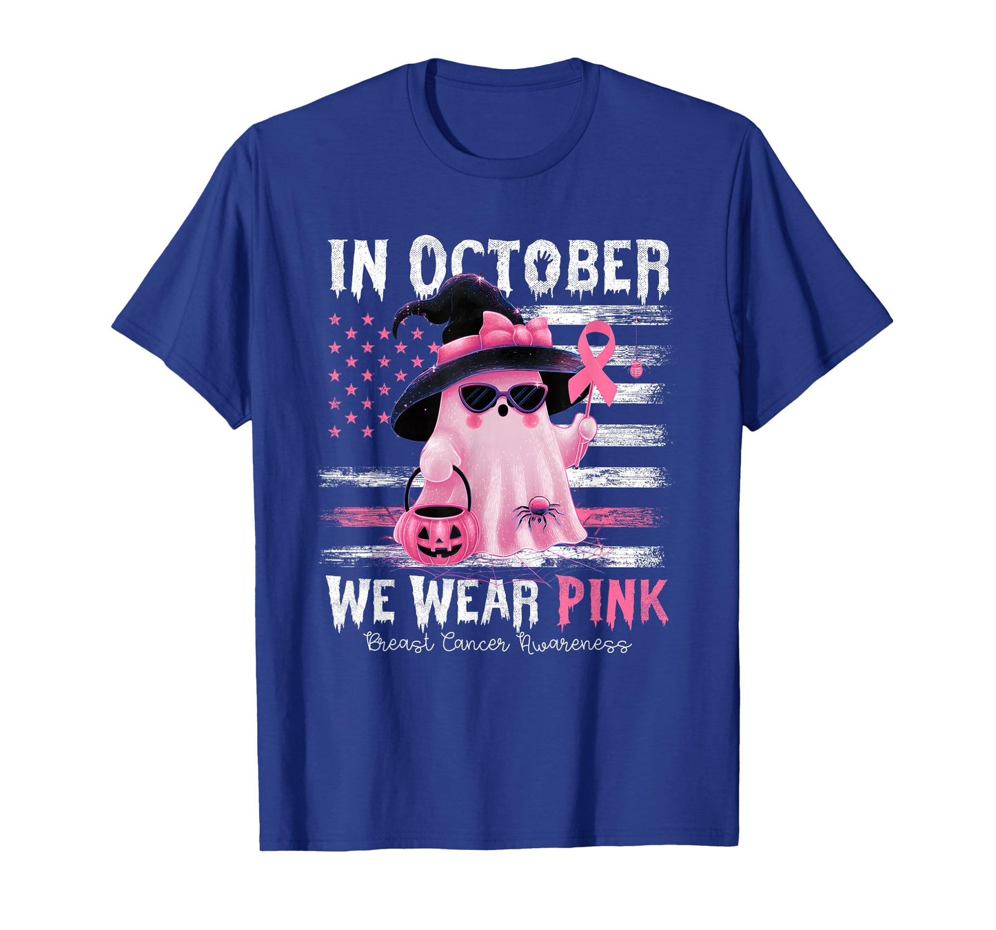 in October We Wear Pink Ghost Witch Breast Cancer Awareness T-Shirt