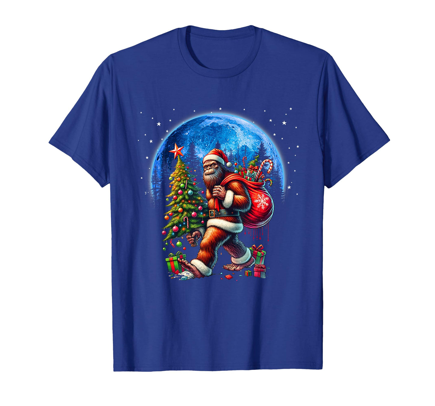 Funny Bigfoot Christmas Tree Xmas Santa Hat Lights Men Boys T-Shirt