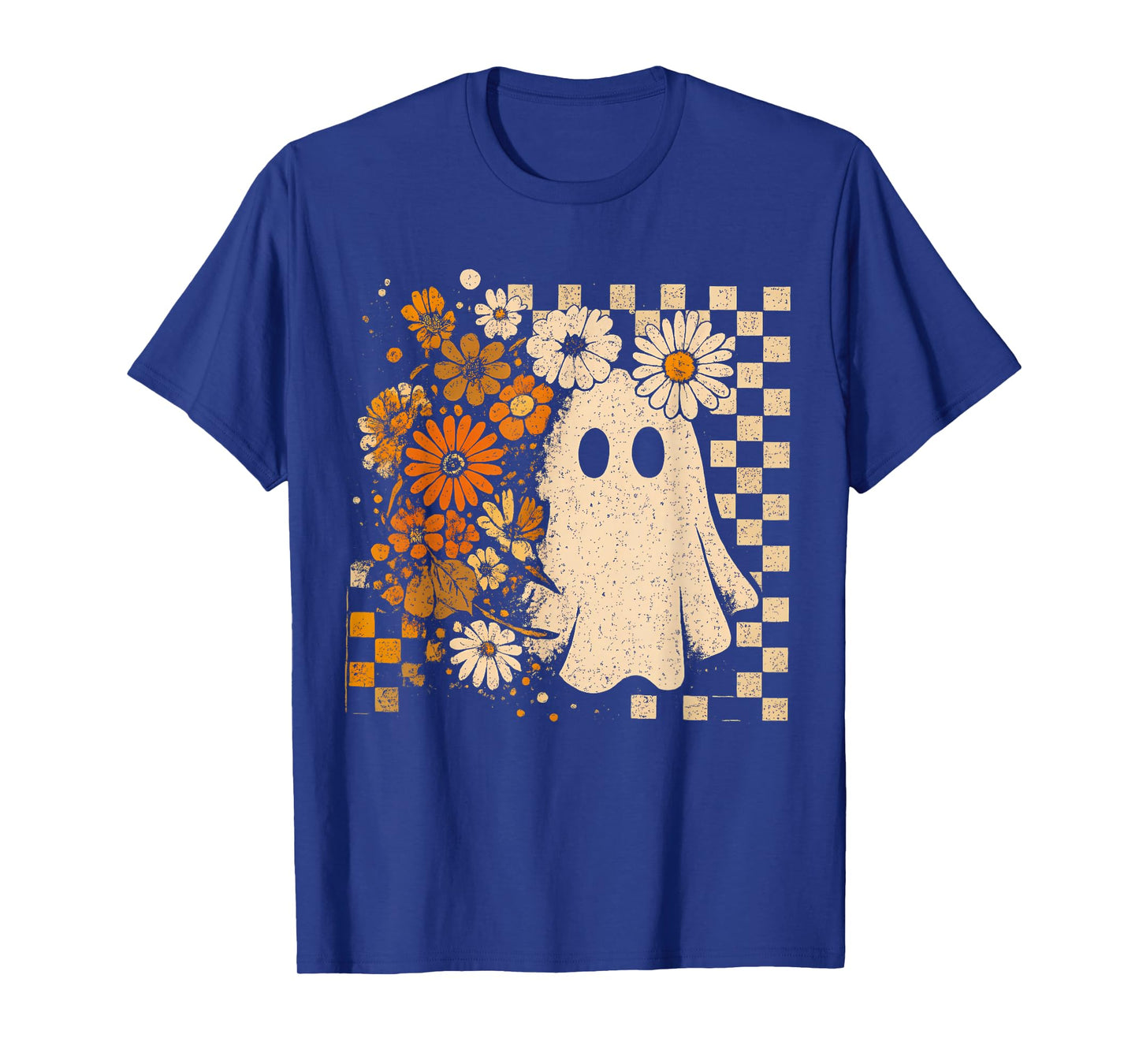 Retro Floral Ghost Checkered Autumn Halloween Women Kids T-Shirt