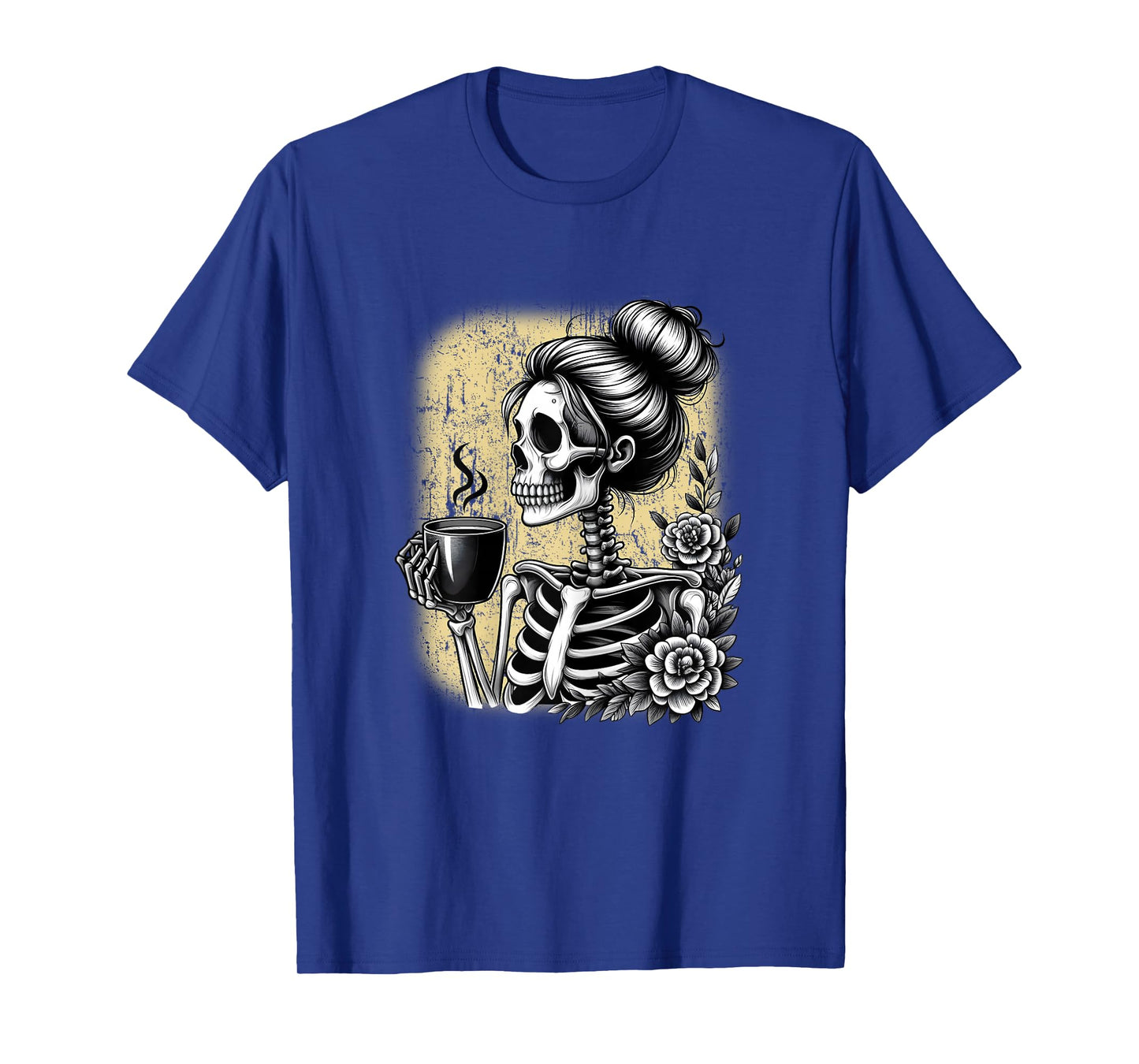 Messy Bun Skeleton Drinking Coffee Vintage Halloween Funny T-Shirt