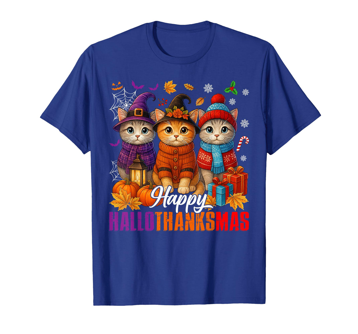 Happy Hallothanksmas Cats Halloween Thanksgiving Christmas T-Shirt