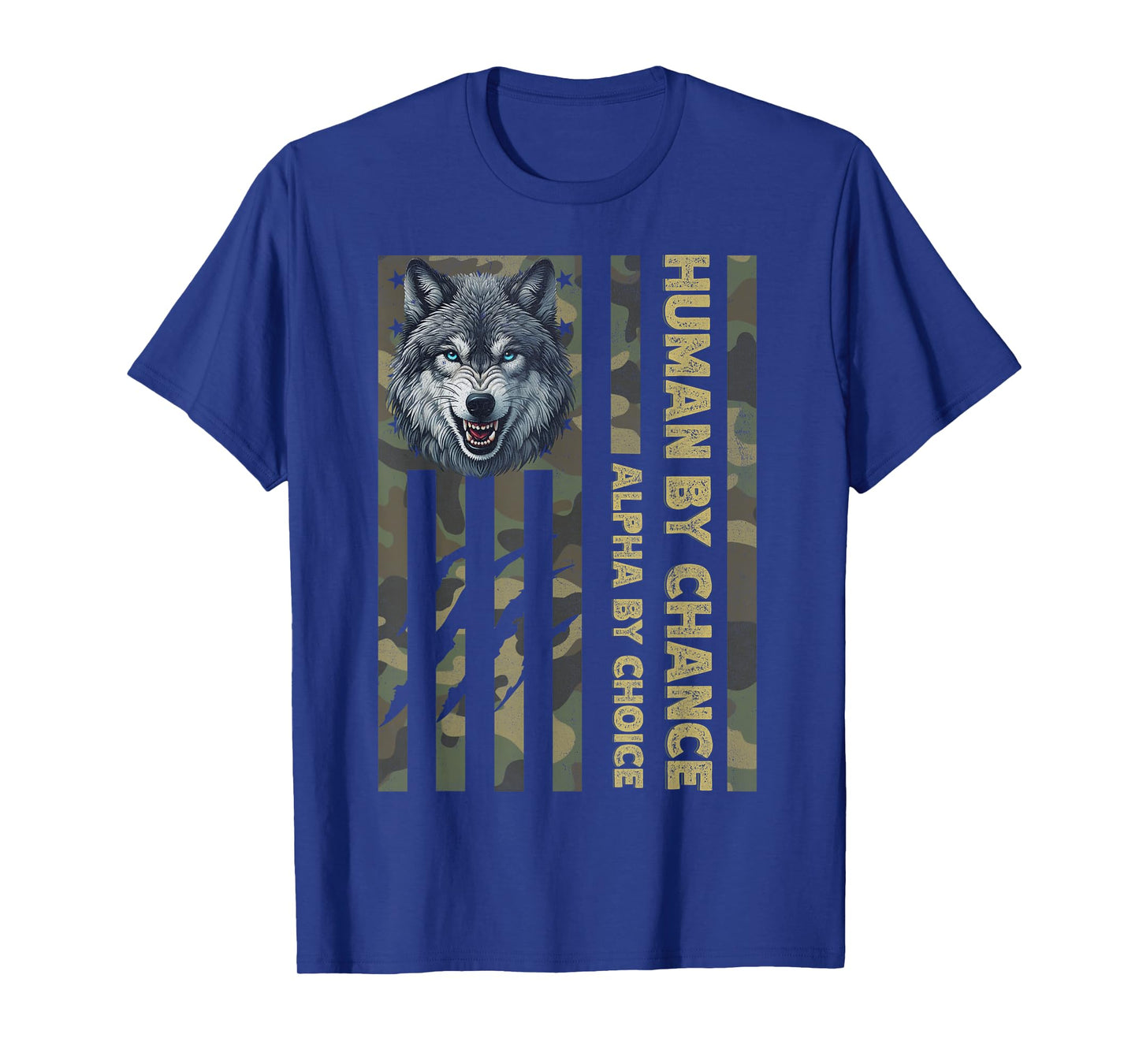Funny Alpha Wolf Meme Human By Chance Camo American Flag USA T-Shirt