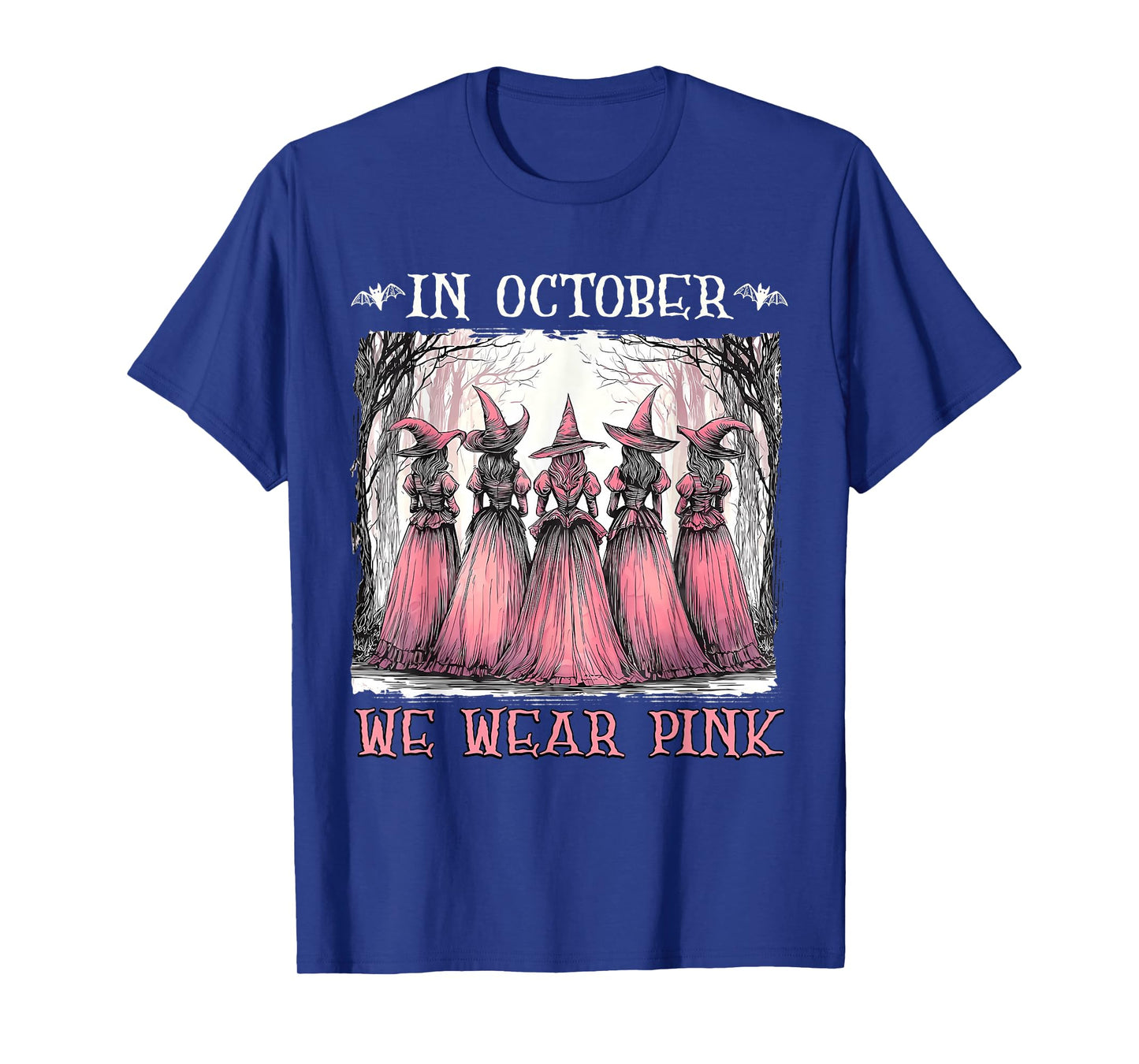 in October We Wear Pink Witch Halloween Breast Cancer T-Shirt