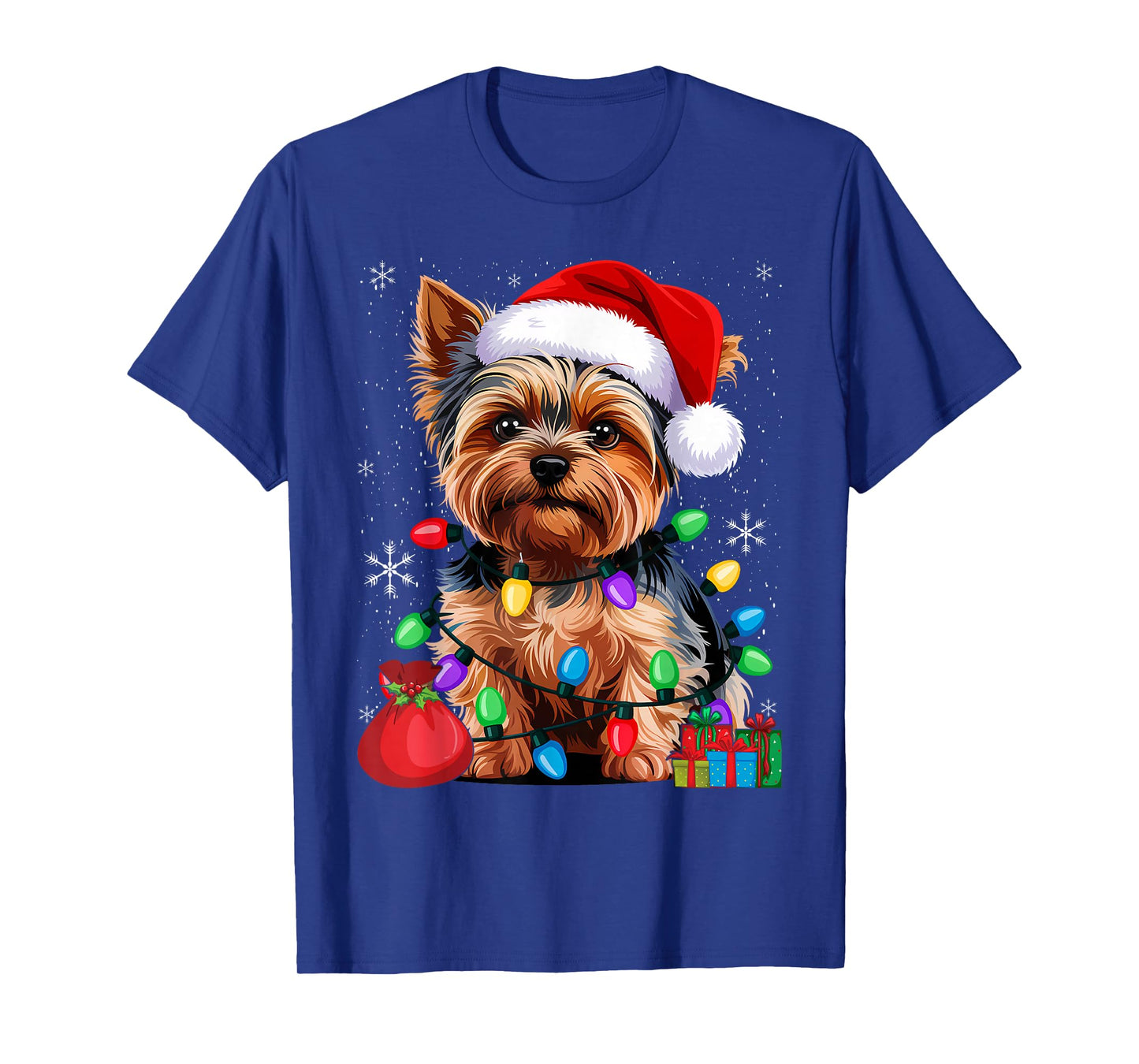 Yorkshire Christmas Yorkie Dog Santa Hat Lights T-Shirt