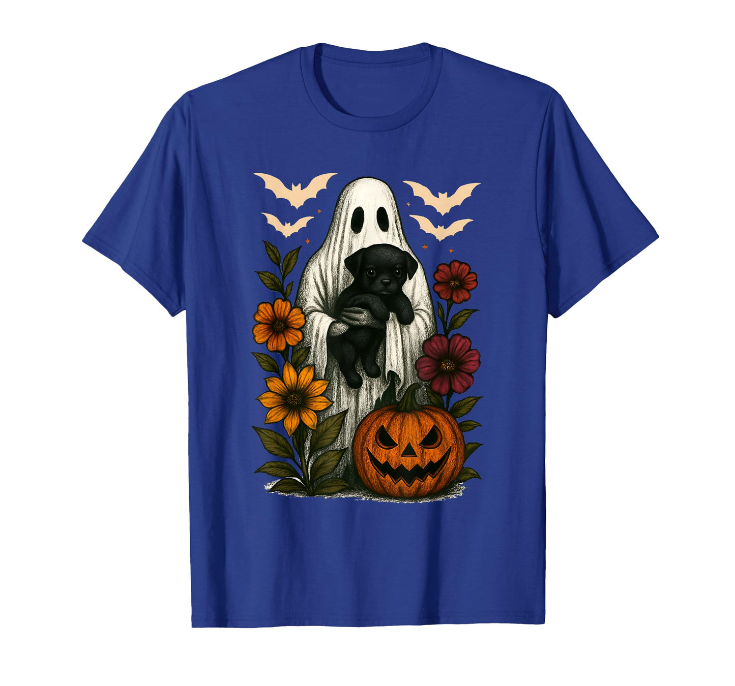 Floral Ghost Black Dog Coquette Funny Halloween Design T-Shirt