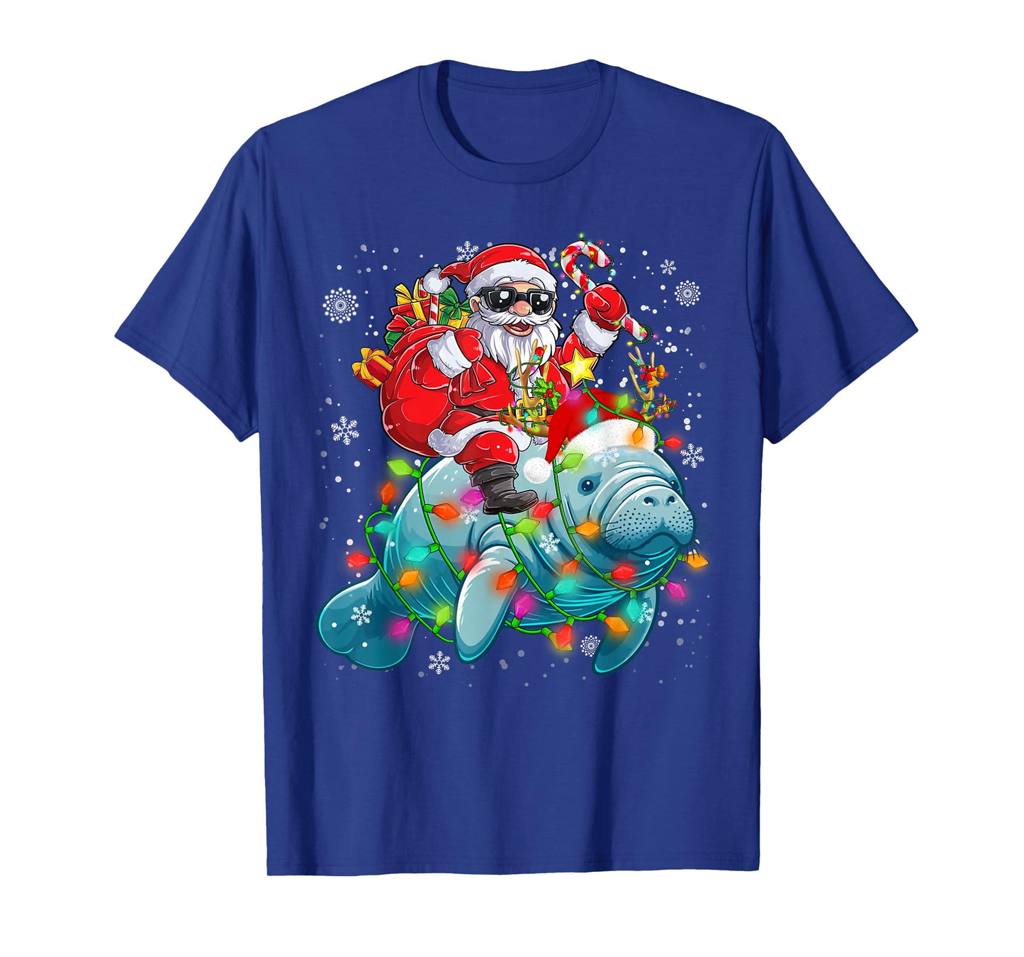 Santa Riding Manatee Reindeer Christmas Lights Sea Animal T-Shirt