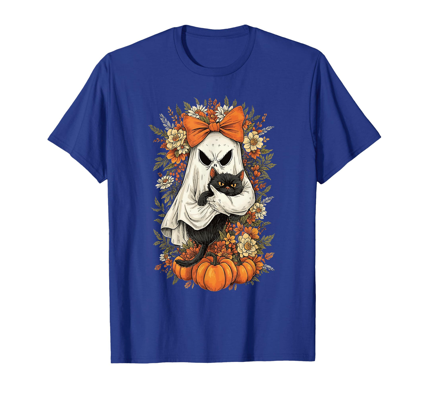 Vintage Halloween Ghost Holding Black Cat Groovy Floral T-Shirt