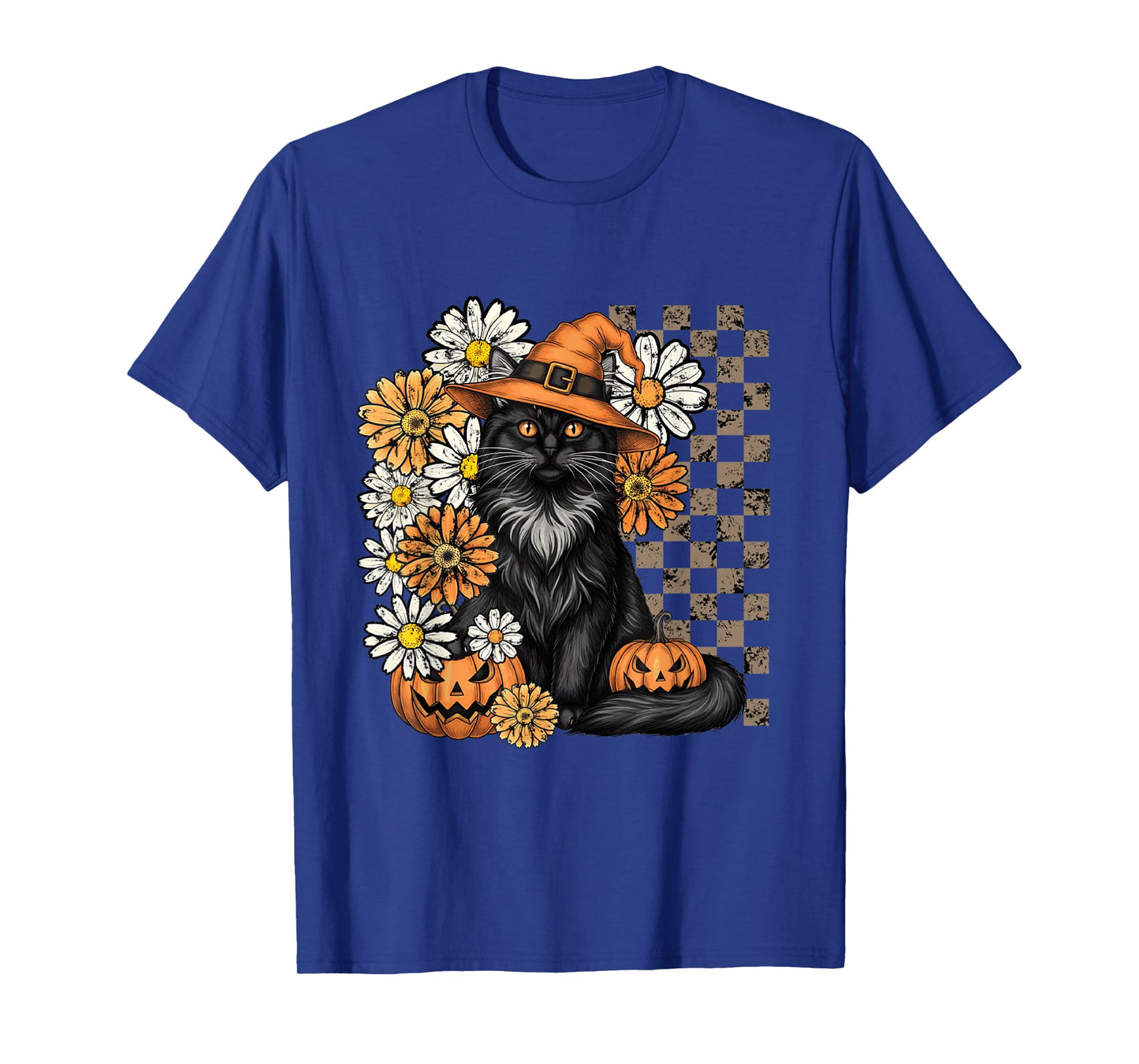 Vintage Halloween Feline Pumpkin Fall Checkerboard T-Shirt