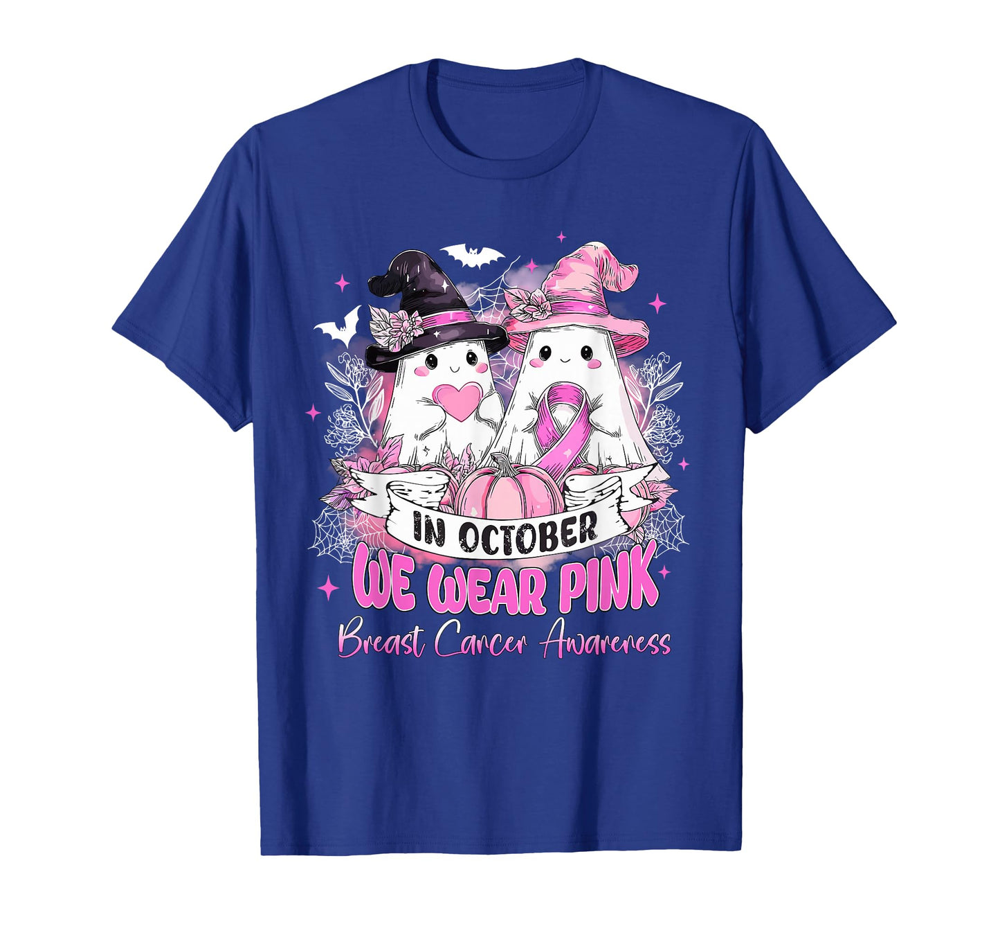 in October We Wear Pink Ghost Witch Breast Cancer Awareness T-Shirt
