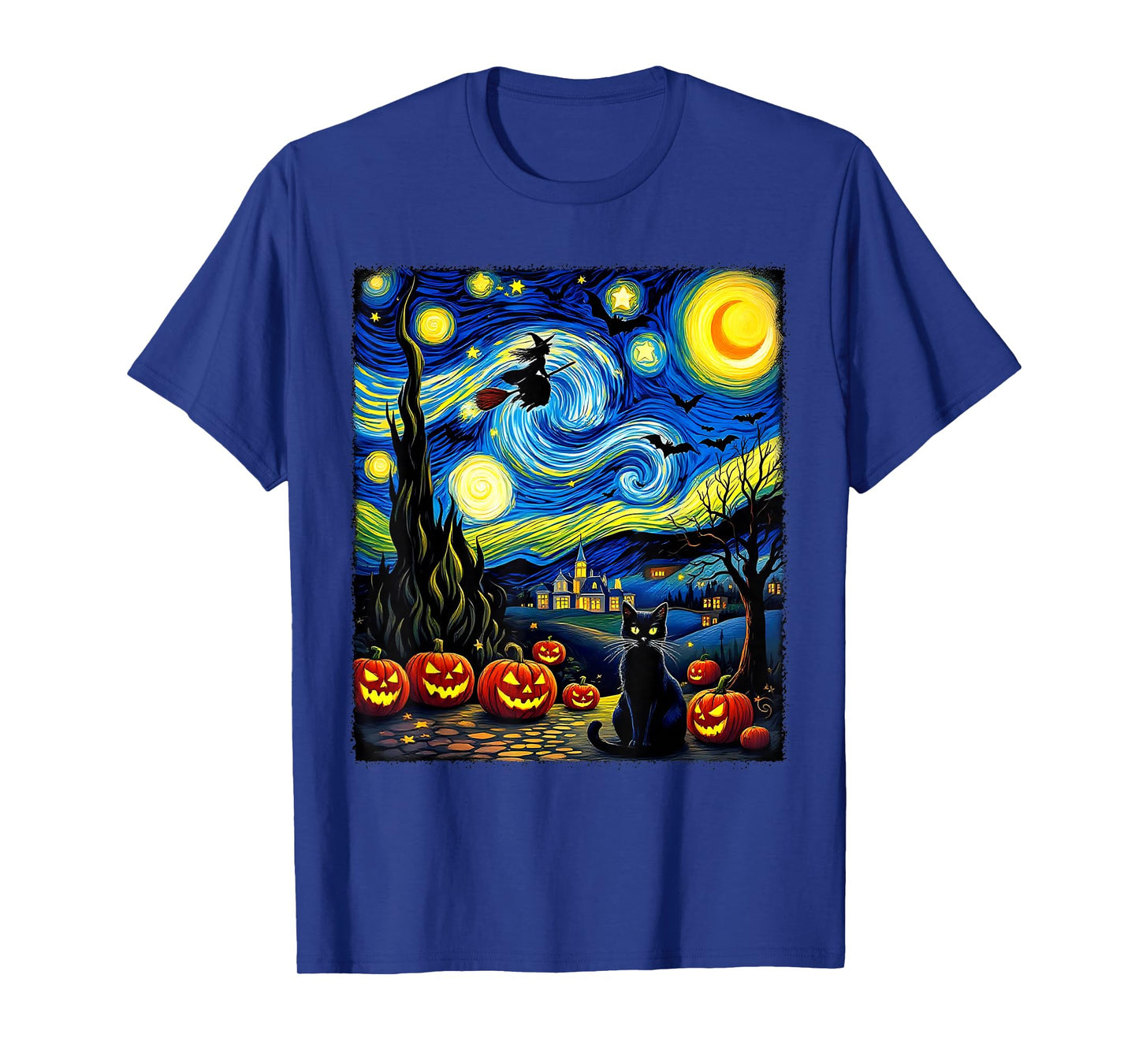 Black Cat Flying Witch Van Gogh Starry Night Party Costume T-Shirt