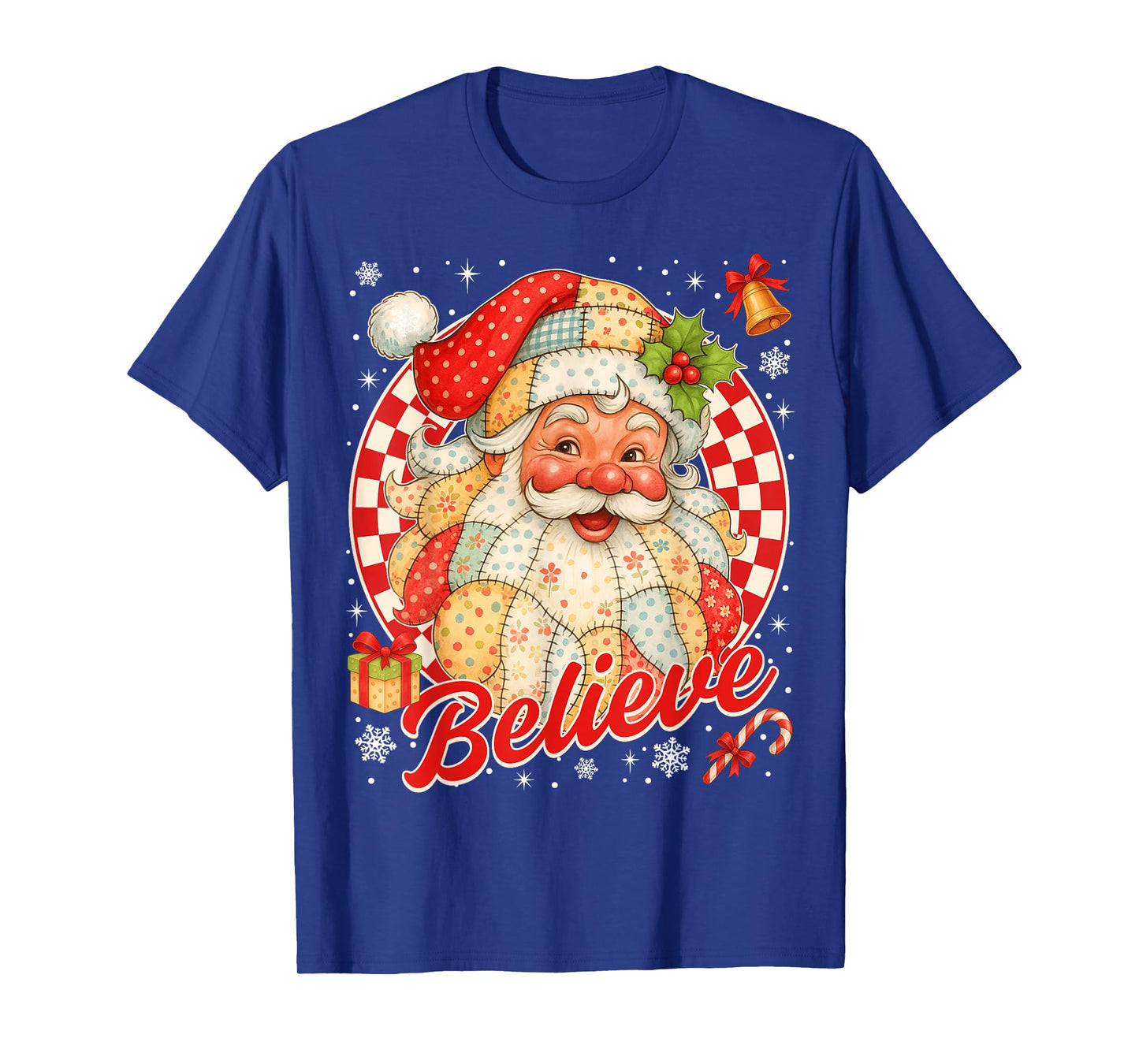 Vintage Santa Claus Believe Patchwork Christmas Women Girls T-Shirt