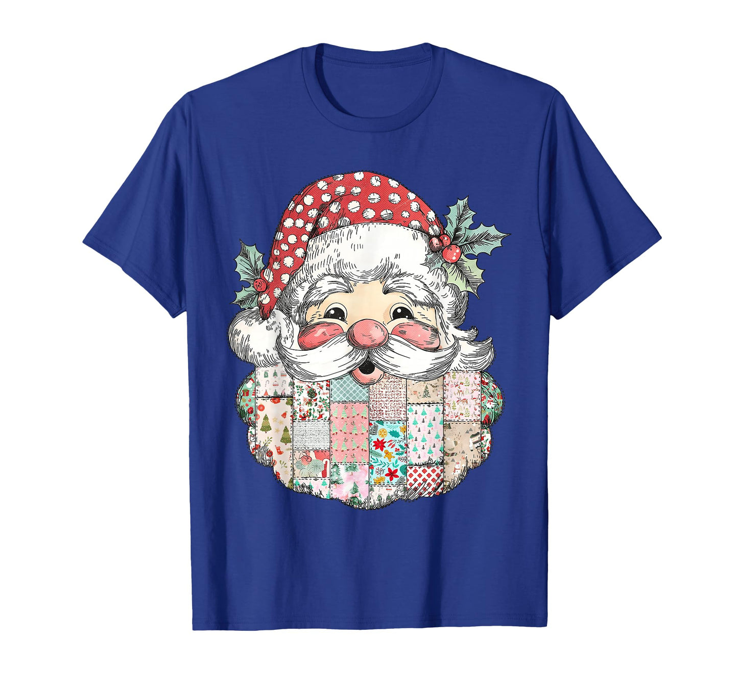 Patchwork Santa Claus Face Vintage Merry Christmas Xmas T-Shirt