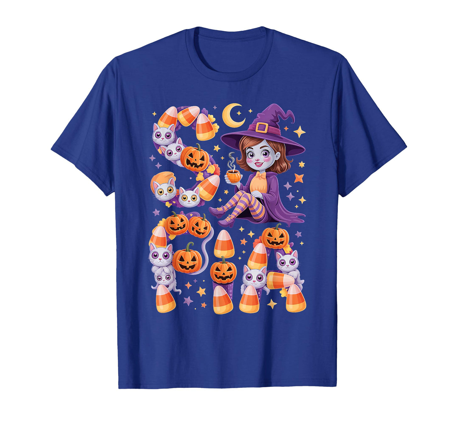 Sofia Witch Candy Corn Cat Halloween Women and Girls T-Shirt