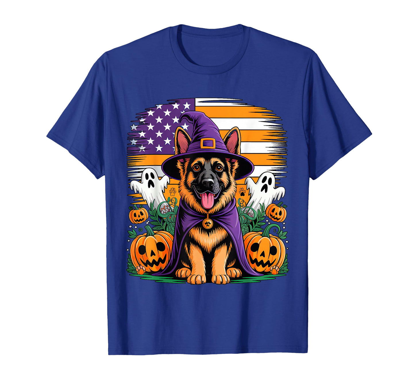 German Shepherd Cosplay Witch Halloween Owner Horror US Flag T-Shirt