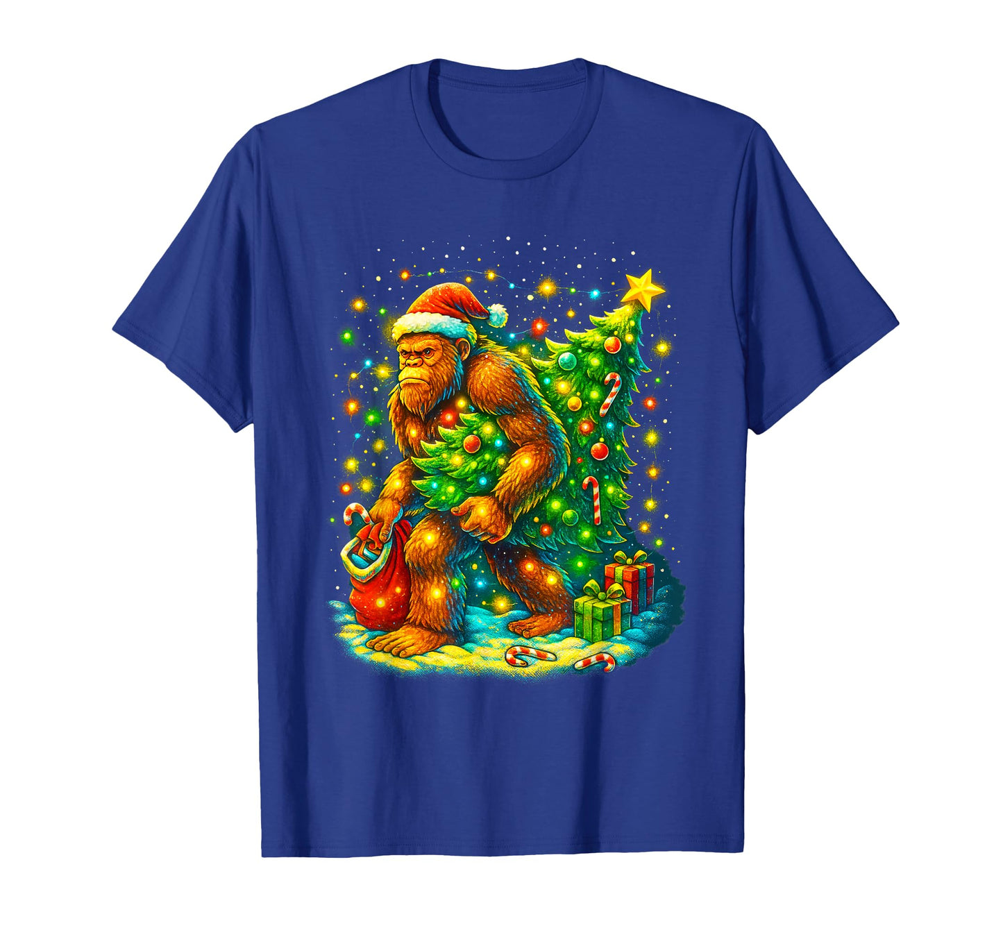 Santa Bigfoot Christmas Tree Funny Sasquatch Xmas Lights T-Shirt