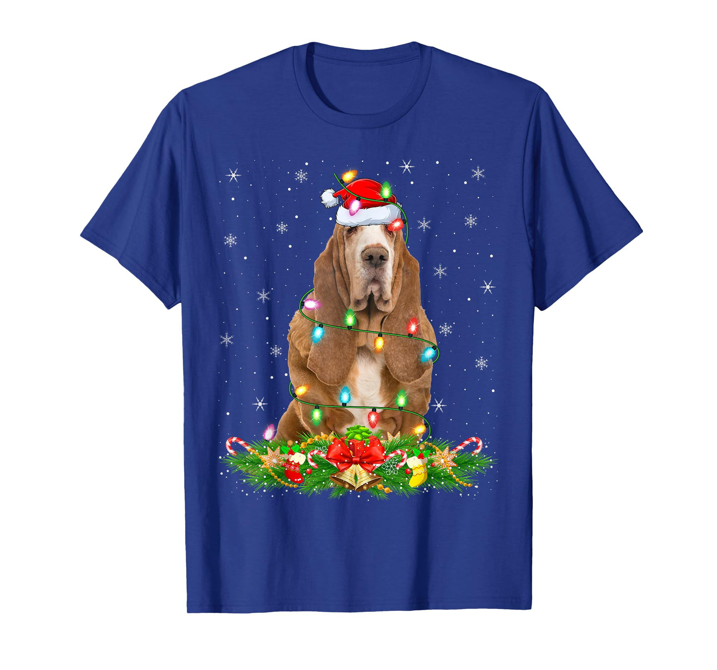Basset Hound Dog Christmas Lights Funny Santa Hat Xmas T-Shirt