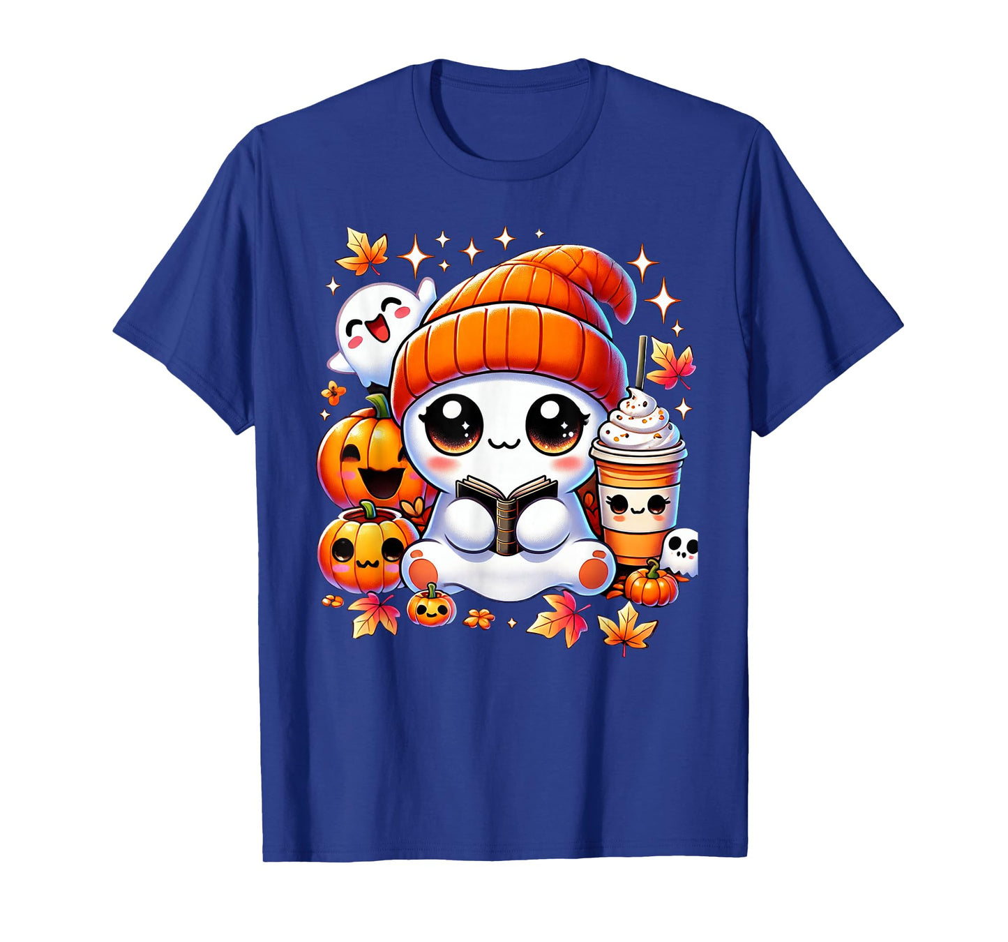 Cute Ghost Reading Book Pumpkins Fall Chocolate Halloween T-Shirt