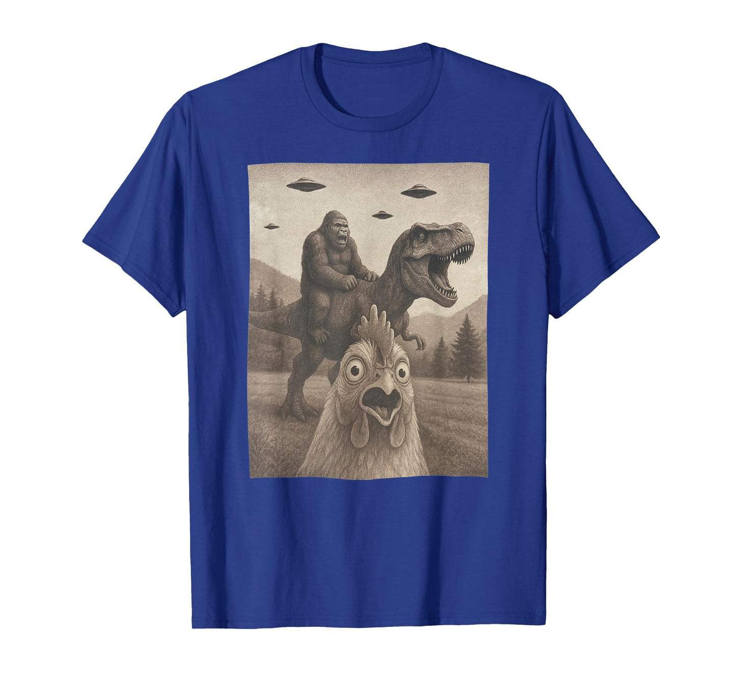 Funny Chicken Shirts, Chicken Selfie Bigfoot Riding T rex T-Shirt