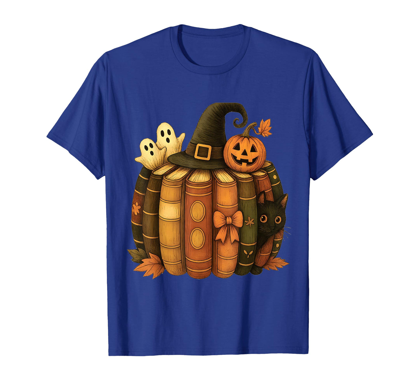 Black cat Witch hat Halloween Fall Book Pumpkin T-Shirt