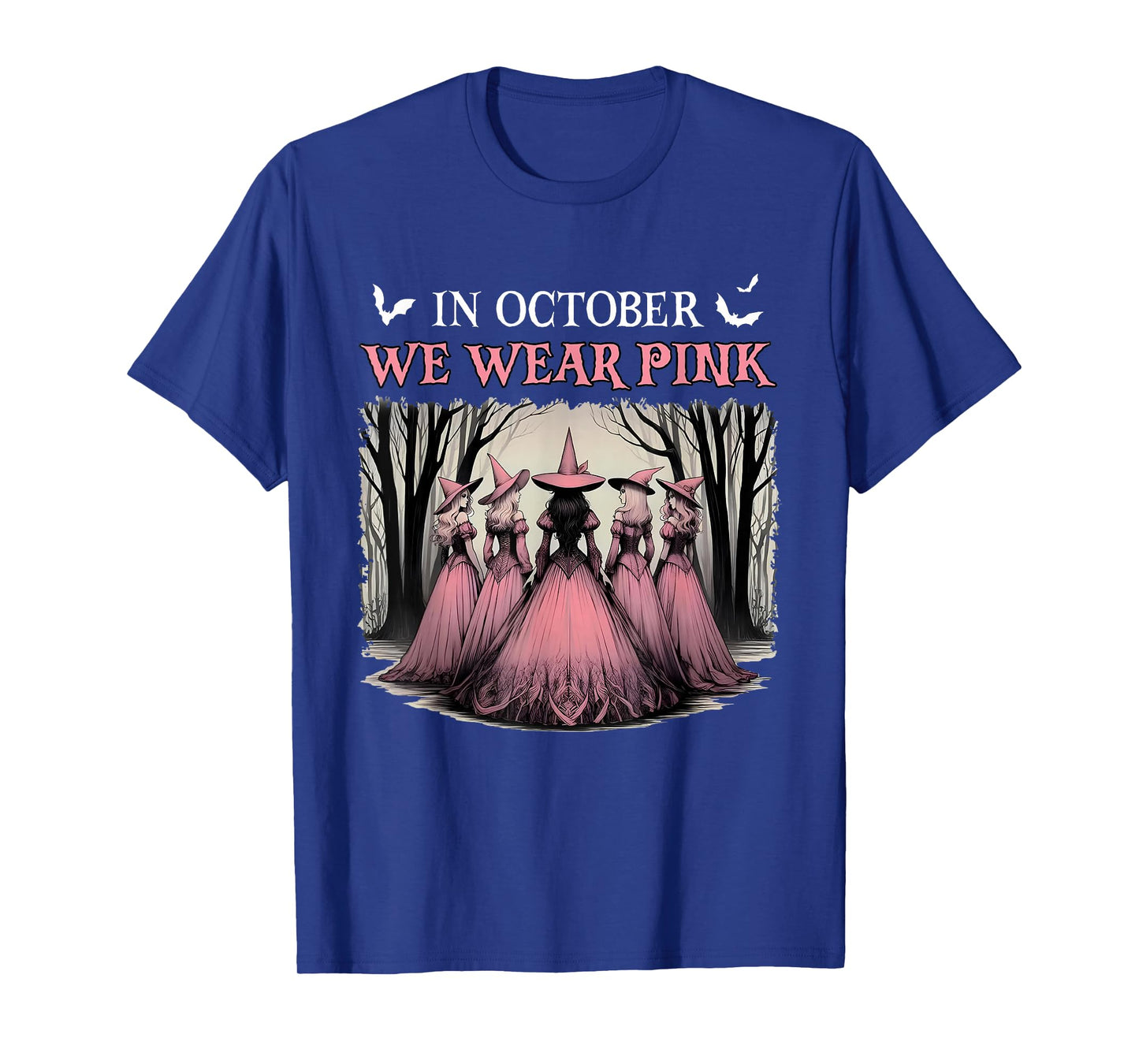 in October We Wear Pink Halloween Salem Witch Breast Cancer T-Shirt