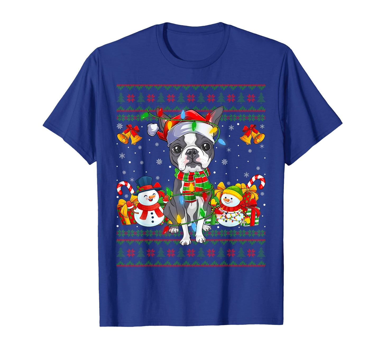 Boston Terrier Dog Ugly Christmas Sweaters Lights Dog Xmas T-Shirt