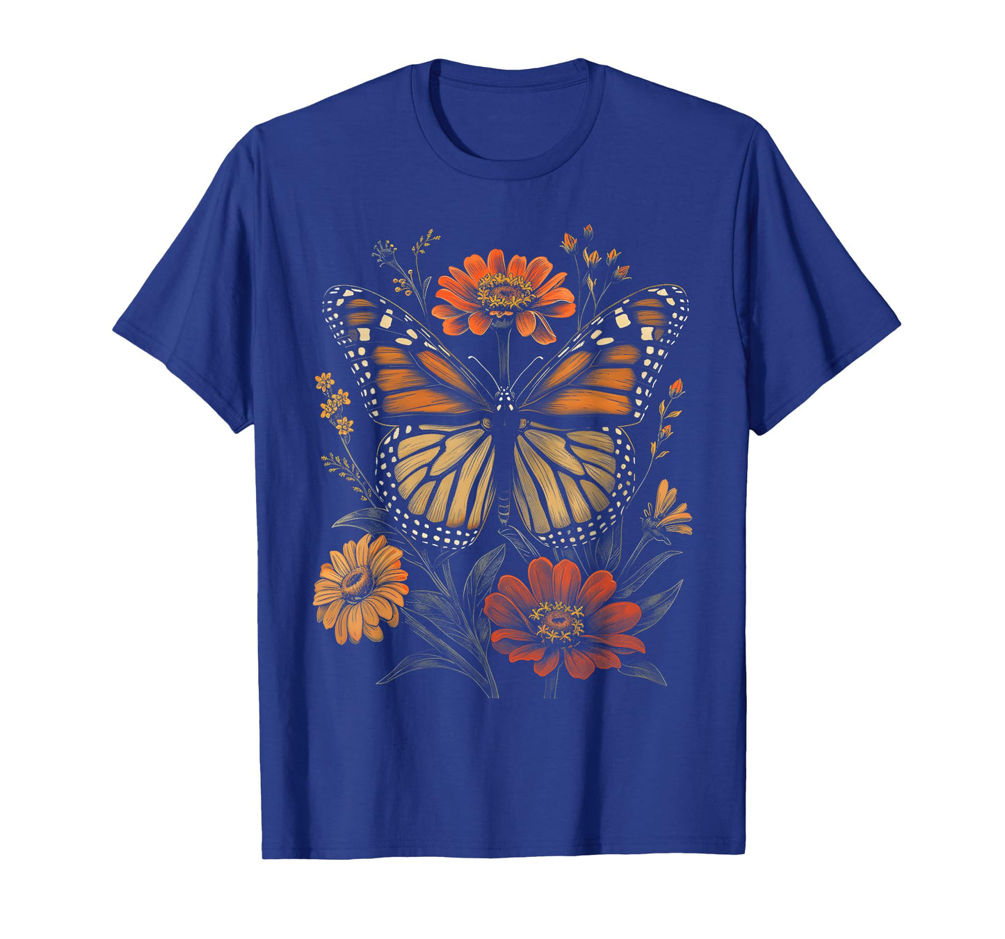 Vintage Monarch Butterfly Zinnias Flower Girl Plant Mom T-Shirt