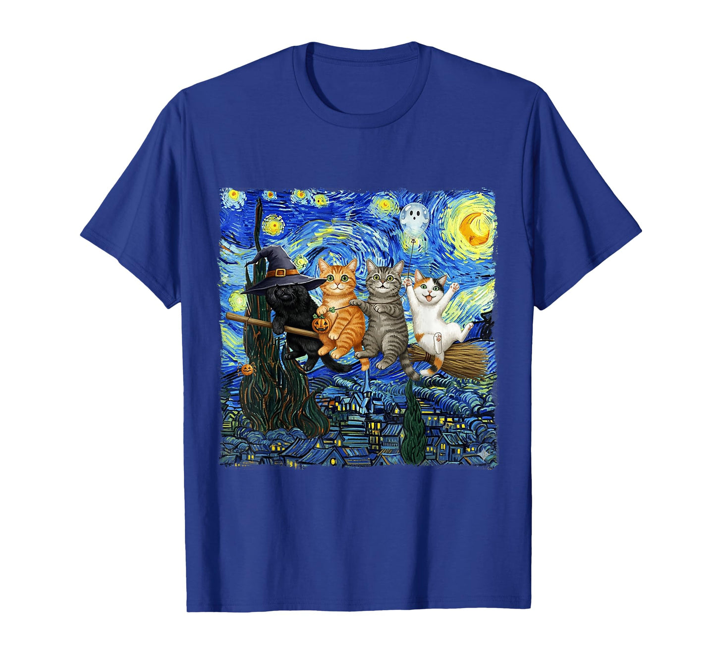 Starry Night Witch with Funny Cats Hanging on Broom Spooky T-Shirt
