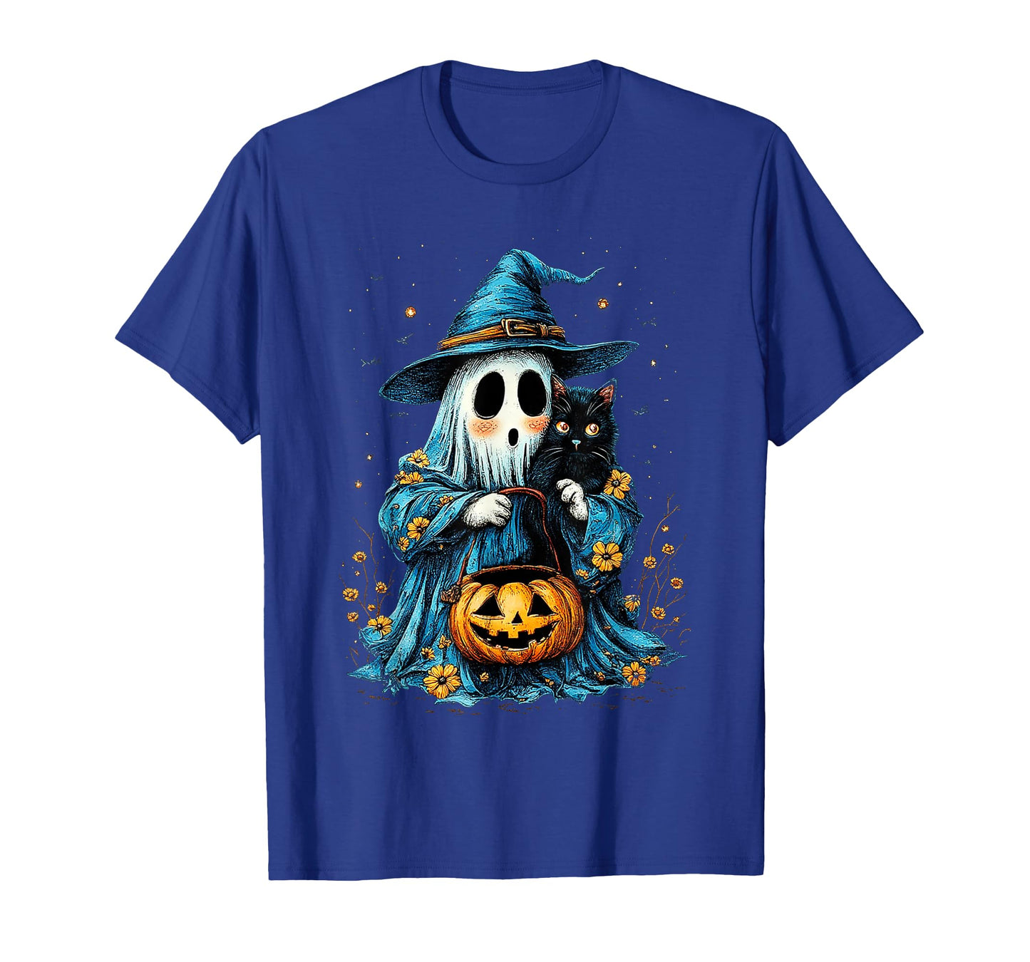 Ghost Holding Black Cat Lover Halloween 2025 Groovy Floral T-Shirt