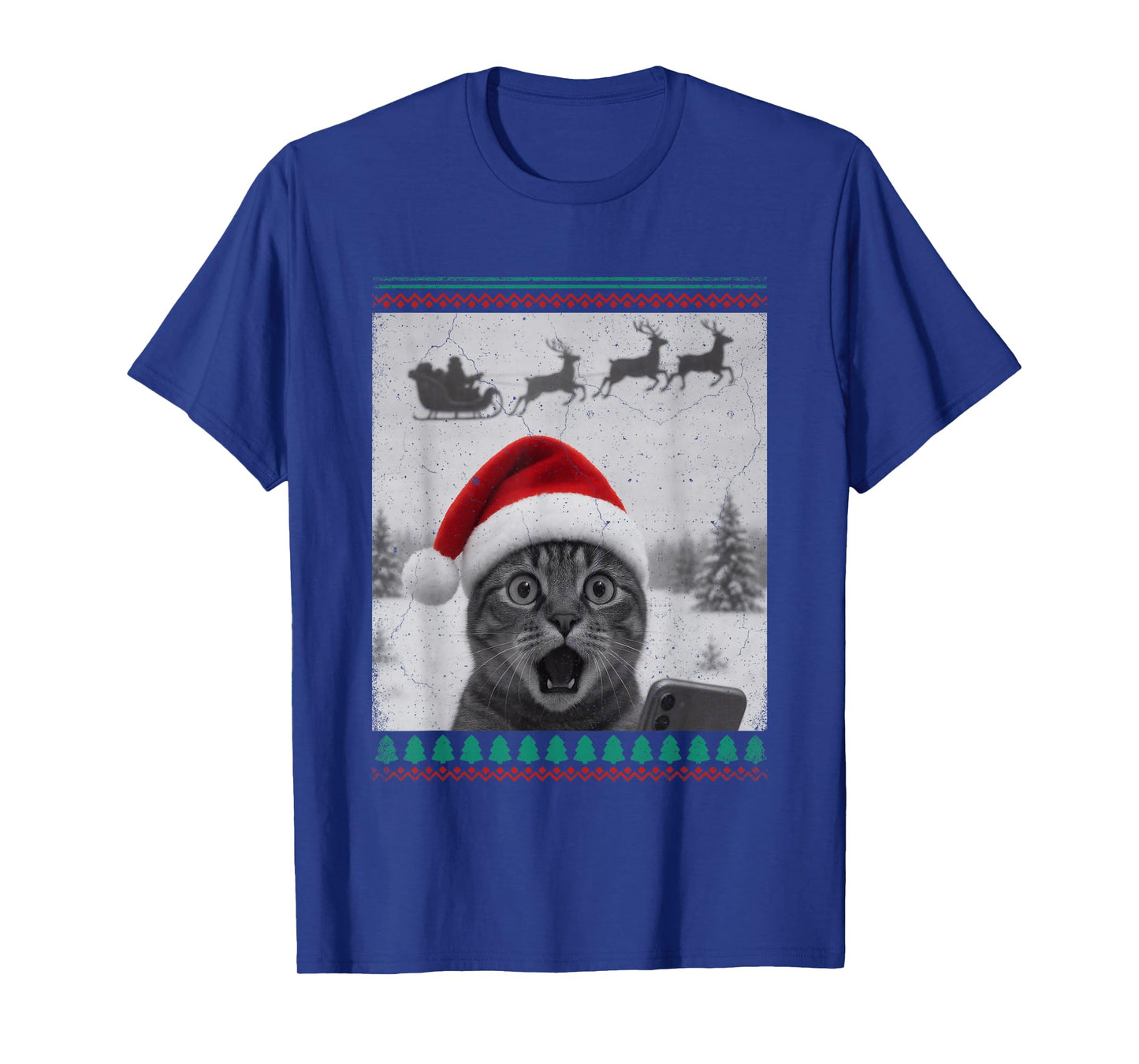 Ugly Christmas Funny Cat Selfie with Santa Sleigh T-Shirt