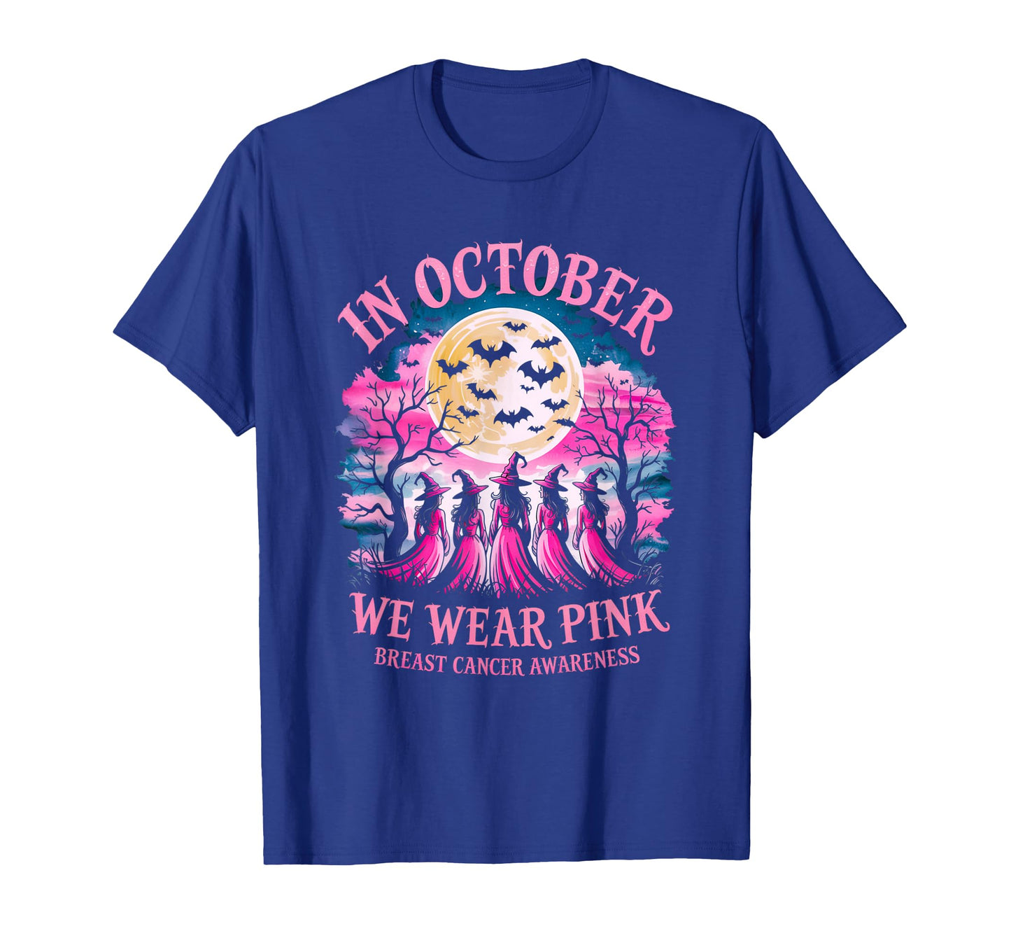 in October We Wear Pink Retro Witch Breast Cancer Awareness T-Shirt