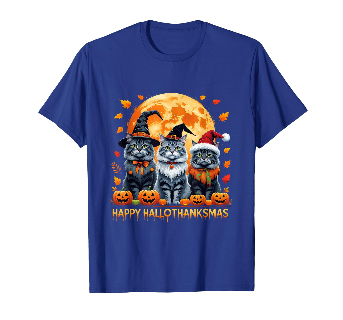 Happy Hallothanksmas Halloween Thanksgiving Christmas Cats T-Shirt